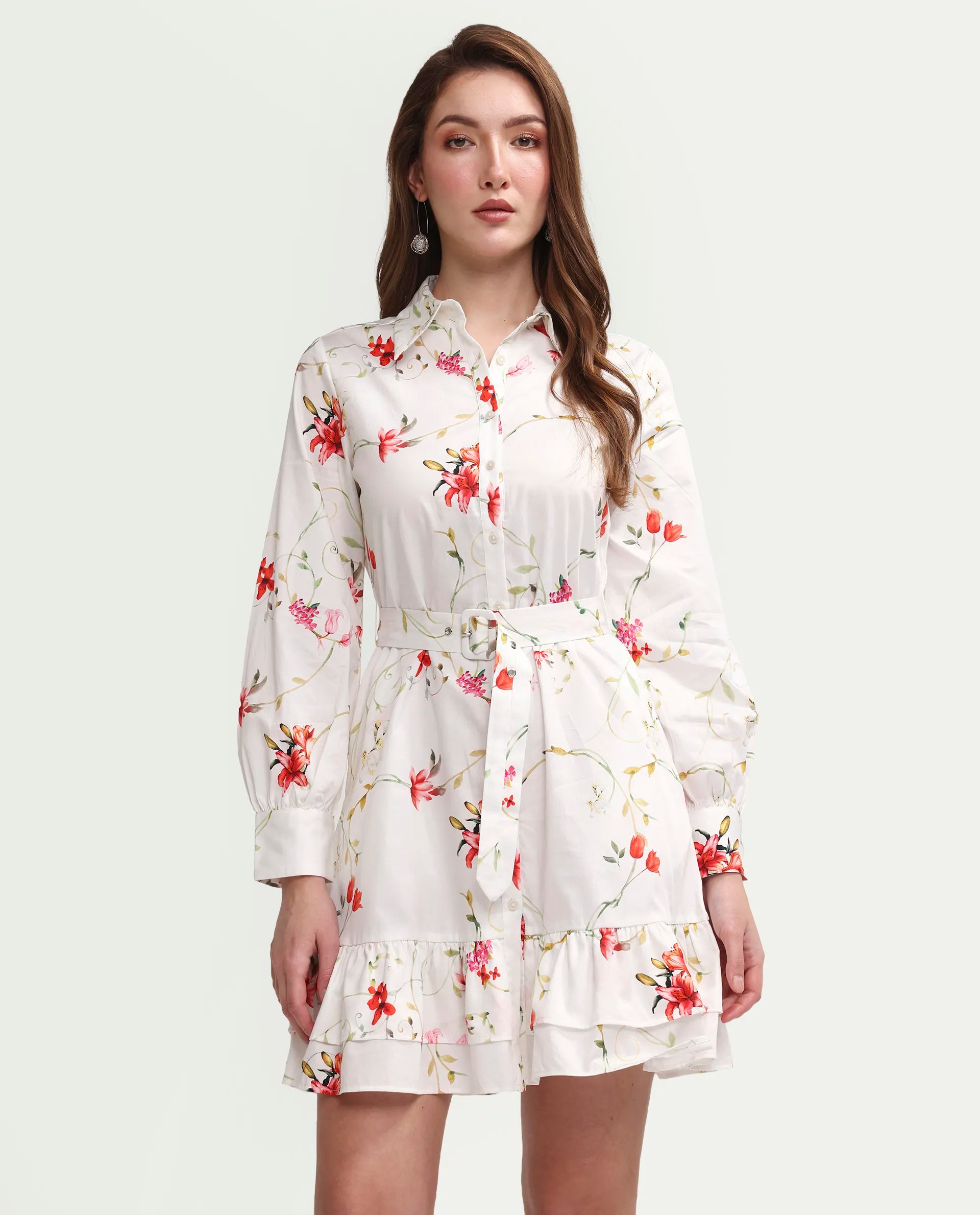 Rareism Women's Alitap Off White Cotton Satin Full Sleeve Fit And Flare Floral Print Dress