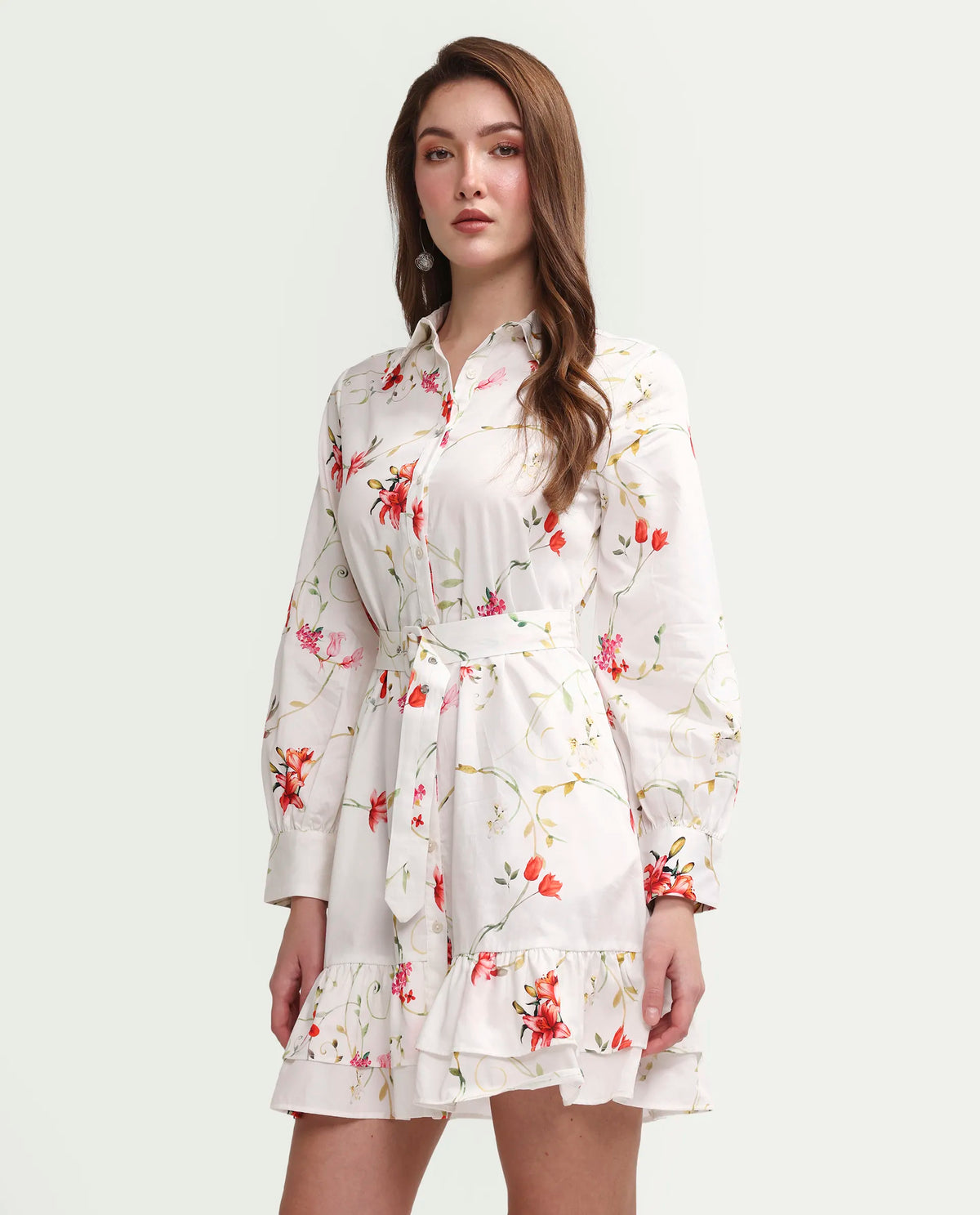 Rareism Women's Alitap Off White Cotton Satin Full Sleeve Fit And Flare Floral Print Dress