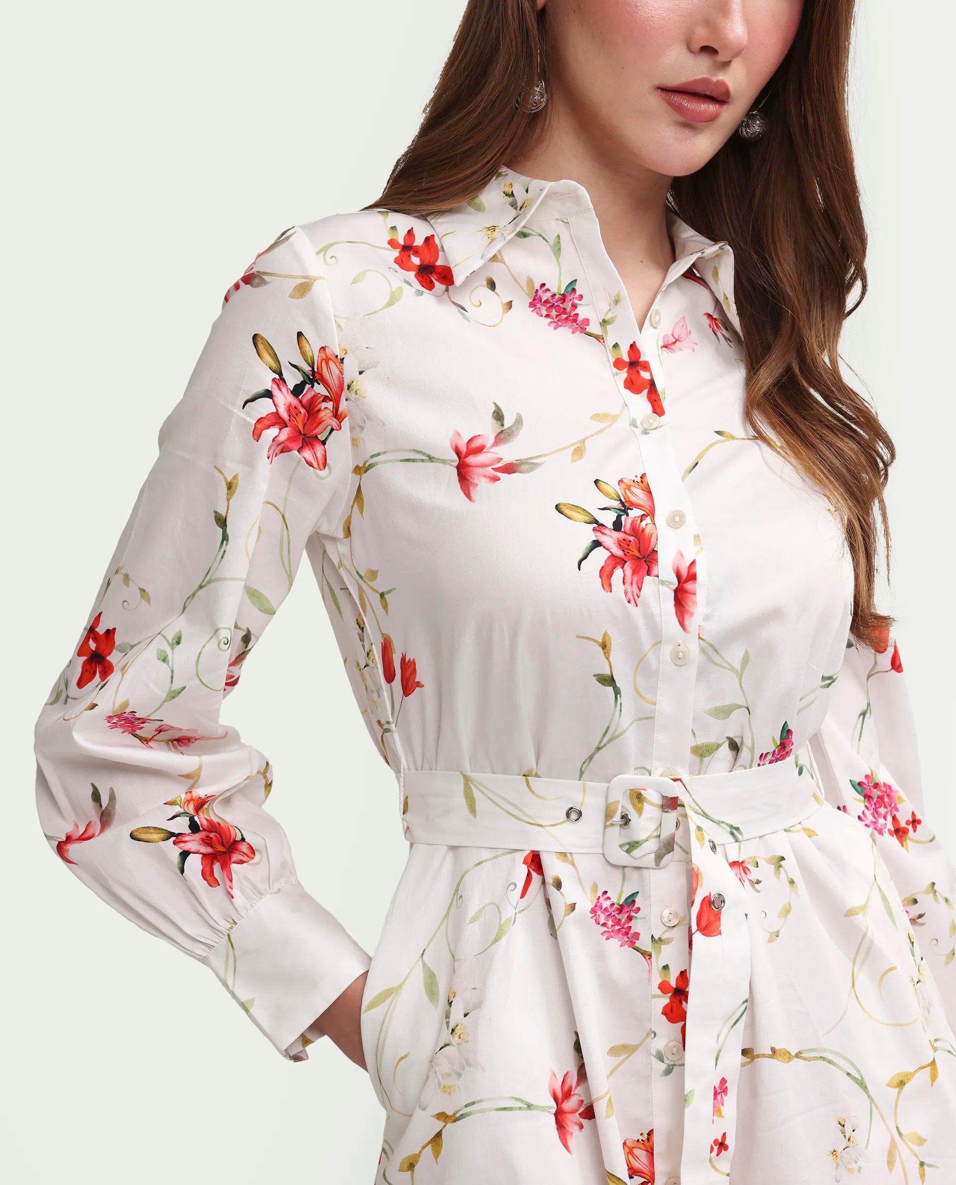 Rareism Women's Alitap Off White Cotton Satin Full Sleeve Fit And Flare Floral Print Dress