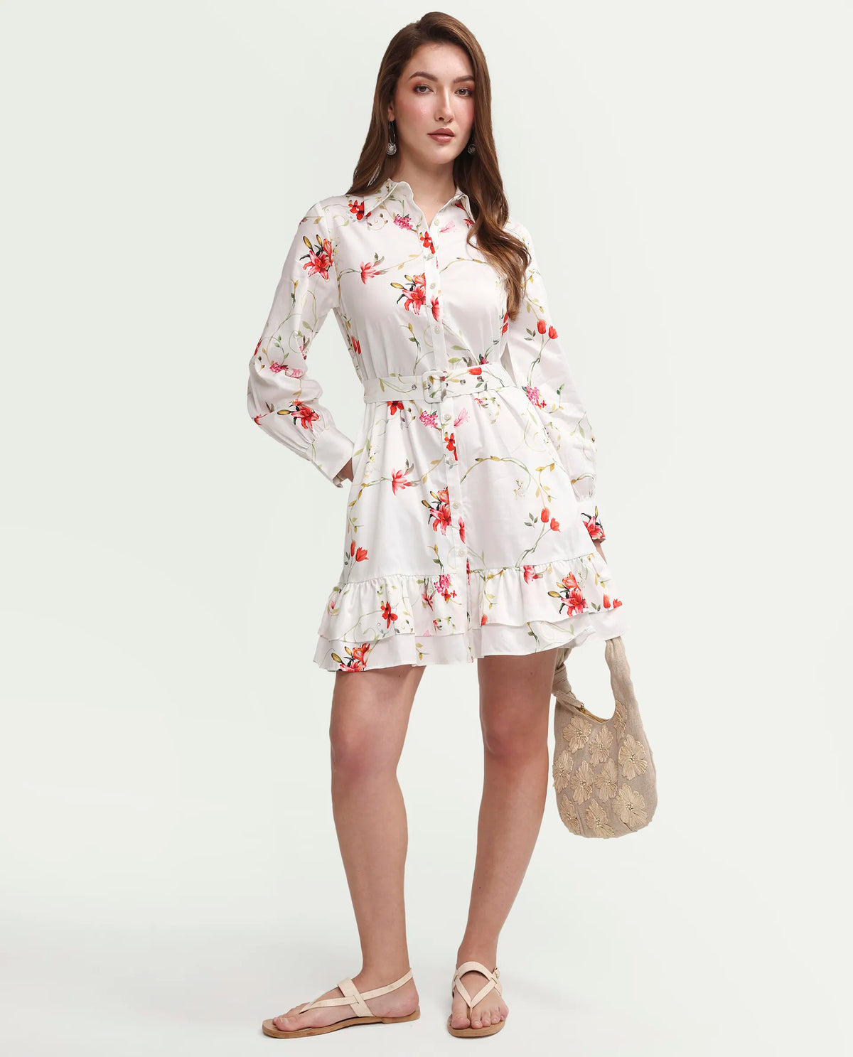 Rareism Women's Alitap Off White Cotton Satin Full Sleeve Fit And Flare Floral Print Dress