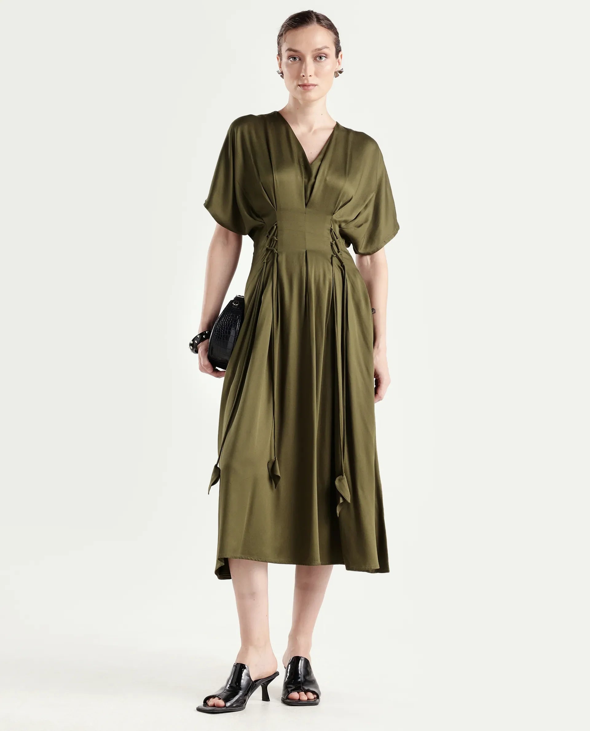 Rareism Women's Alves Olive Viscose Half Sleeve Fit And Flare Plain Dress