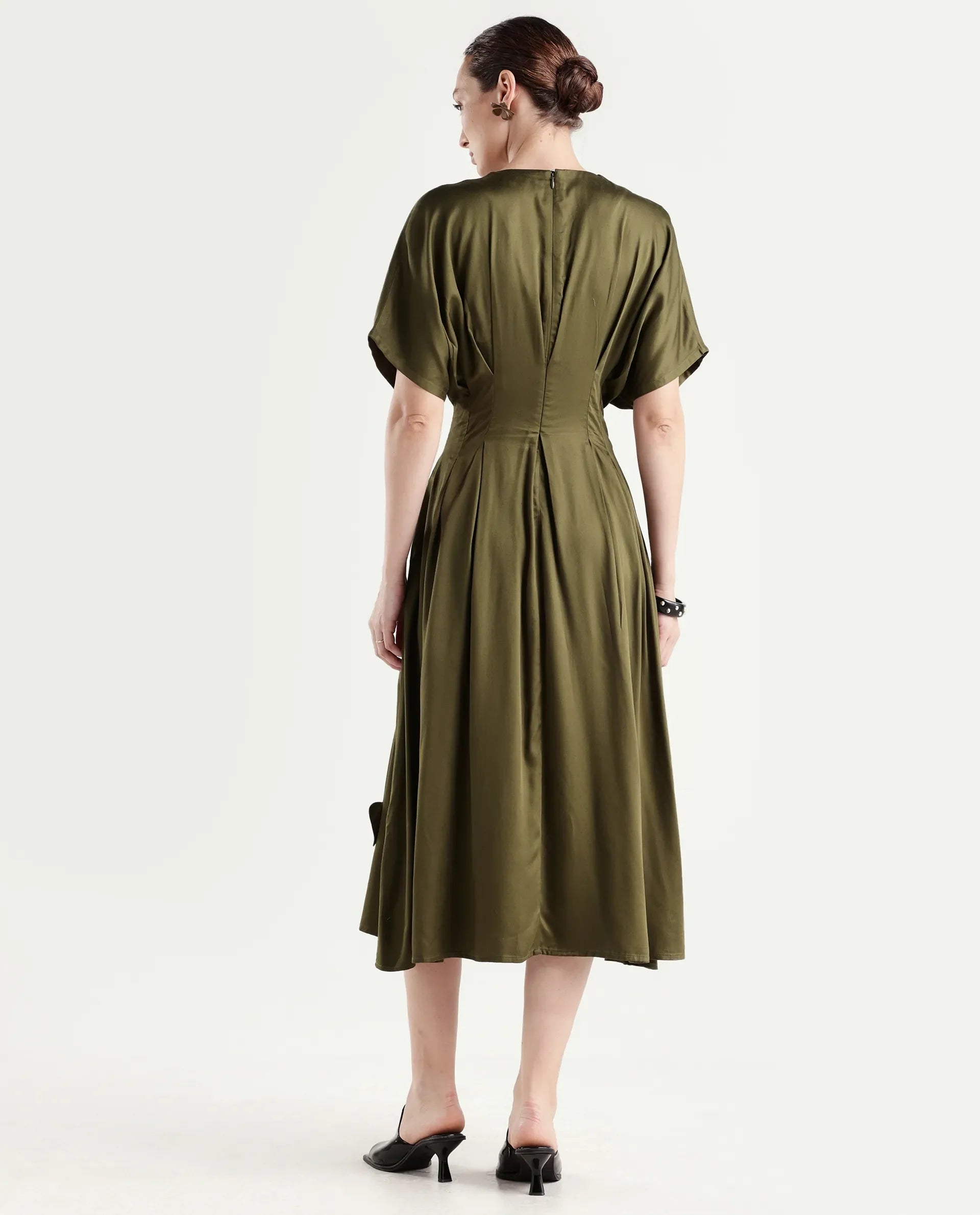 Rareism Women's Alves Olive Viscose Half Sleeve Fit And Flare Plain Dress