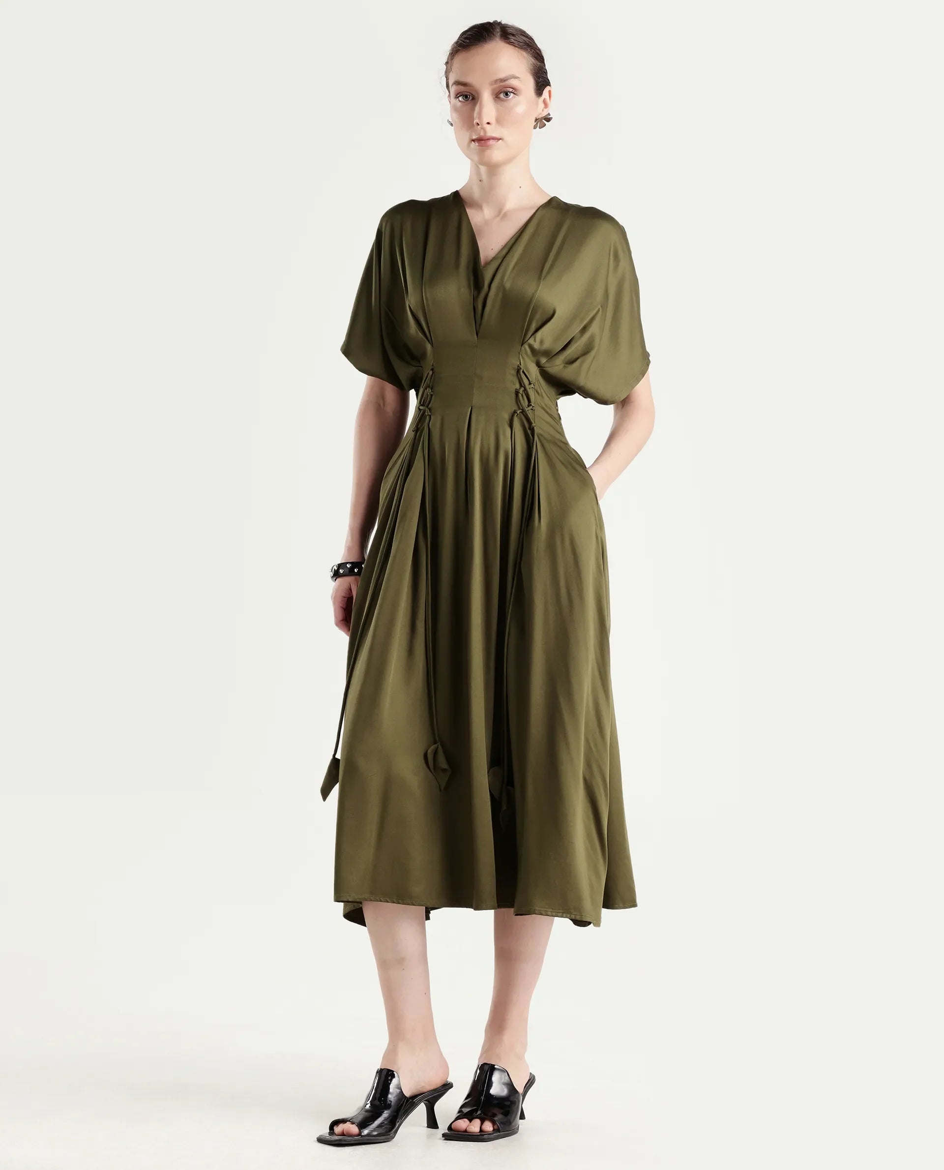 Rareism Women's Alves Olive Viscose Half Sleeve Fit And Flare Plain Dress