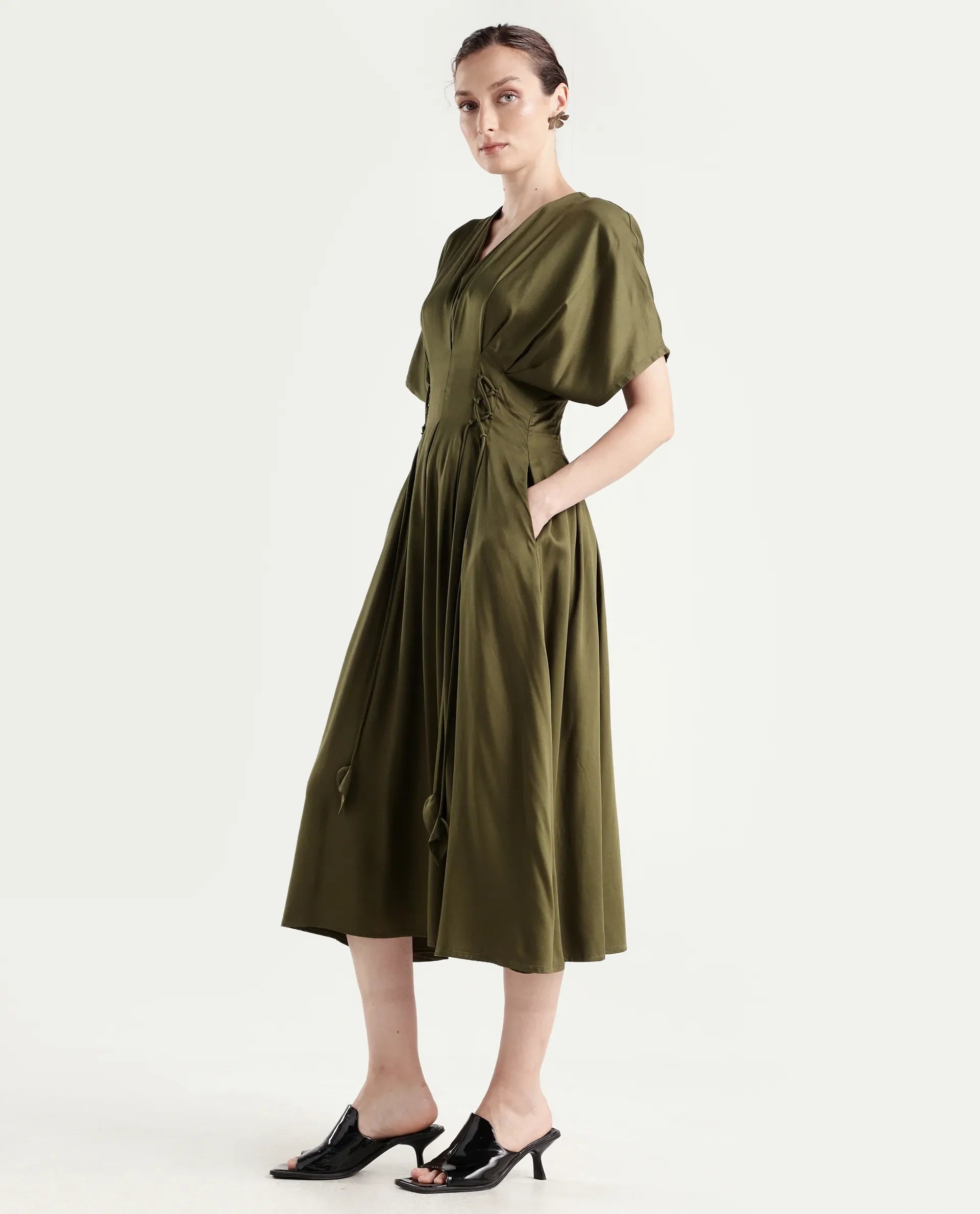 Rareism Women's Alves Olive Viscose Half Sleeve Fit And Flare Plain Dress