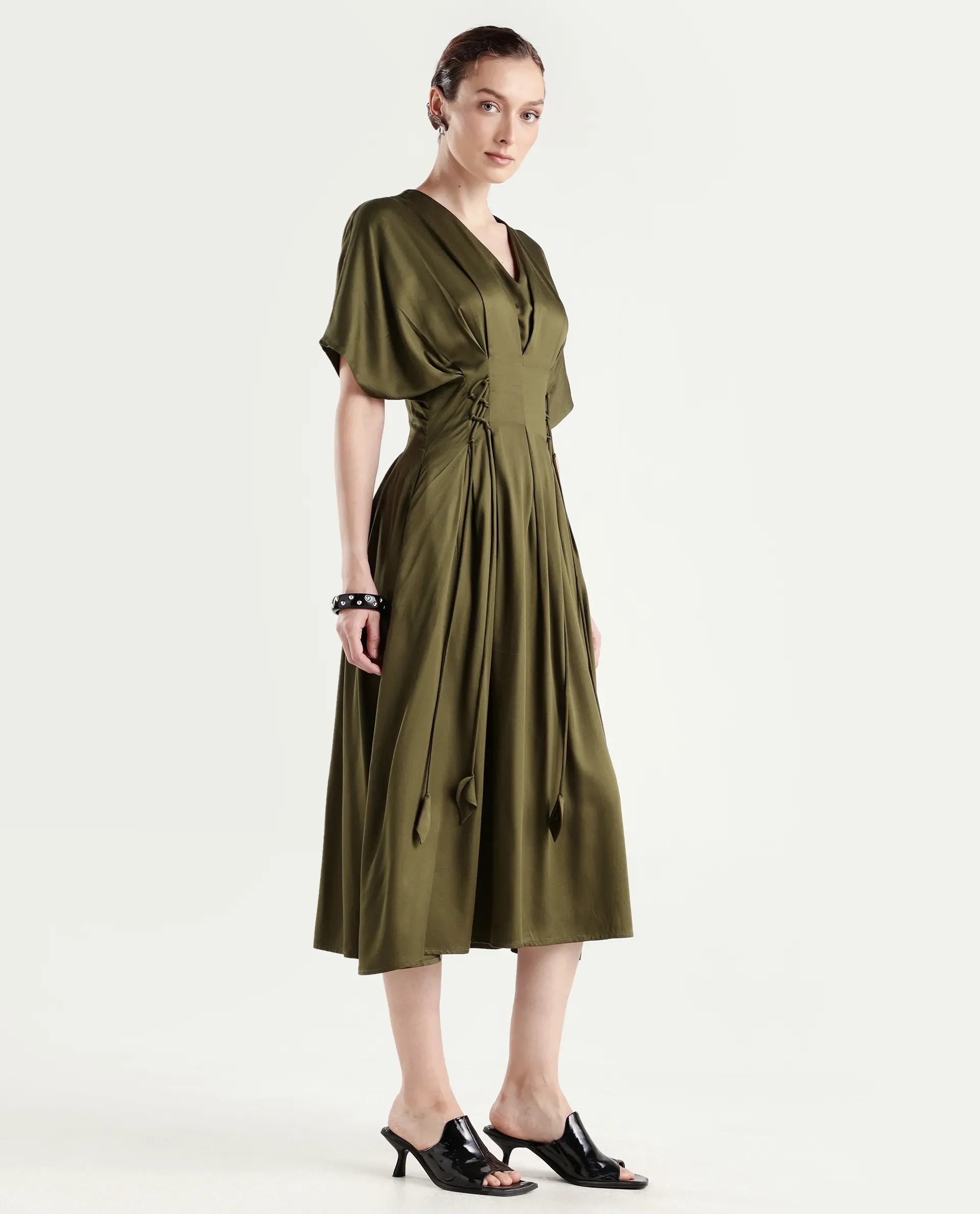 Rareism Women's Alves Olive Viscose Half Sleeve Fit And Flare Plain Dress