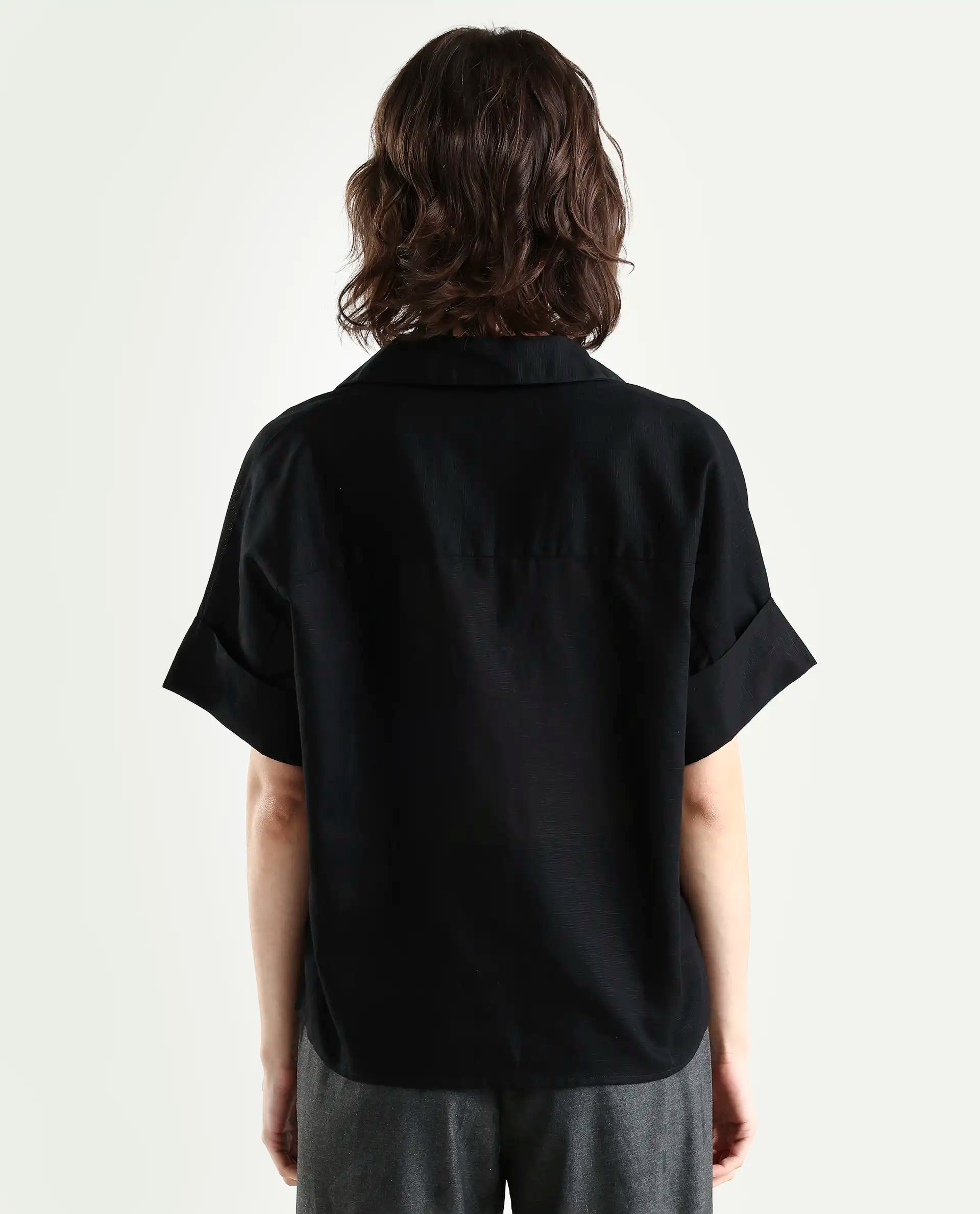 Rareism Women's Alzure Black Linen Blend Half Sleeve Jonny Collar Boxy Plain Top