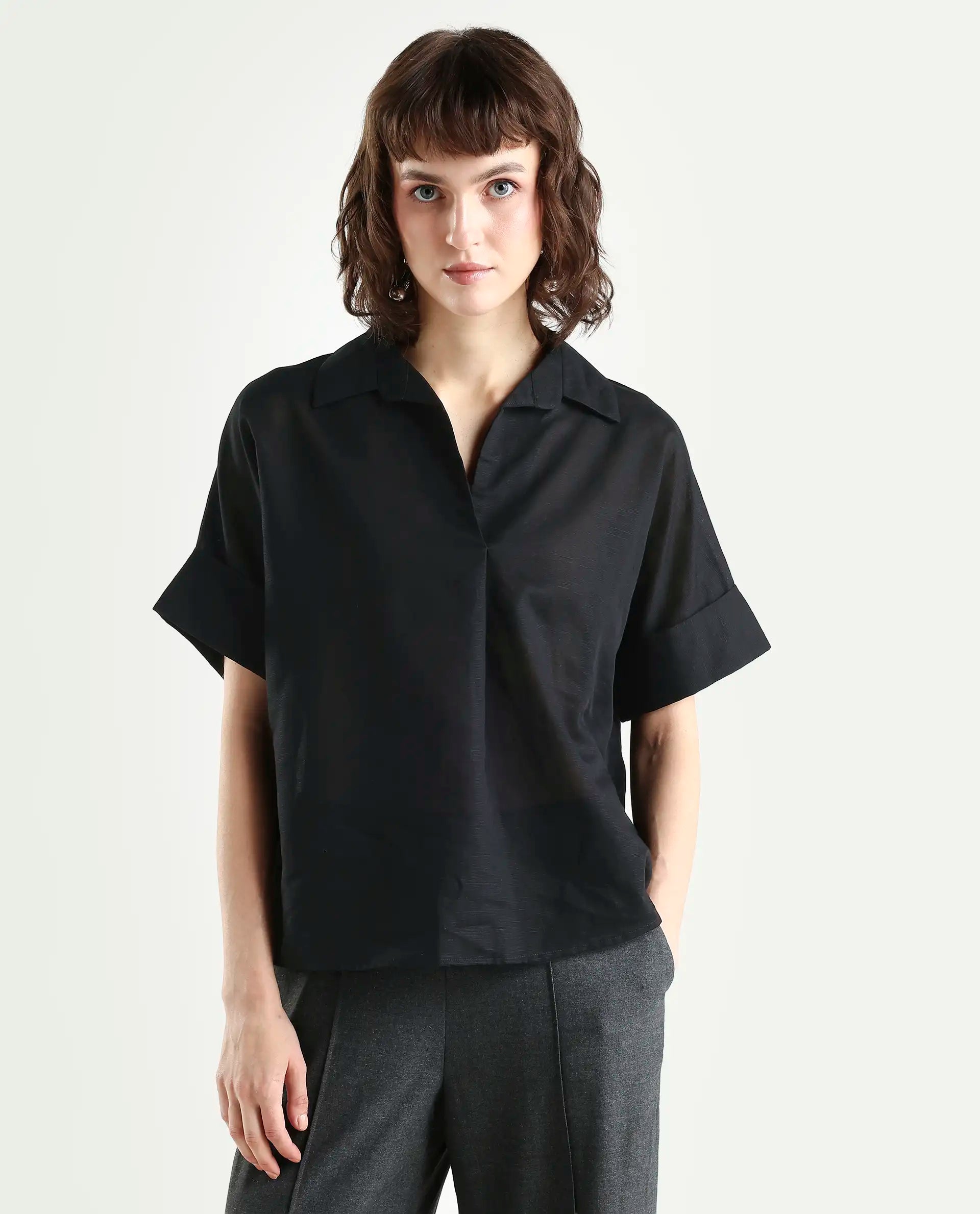 Rareism Women's Alzure Black Linen Blend Half Sleeve Jonny Collar Boxy Plain Top