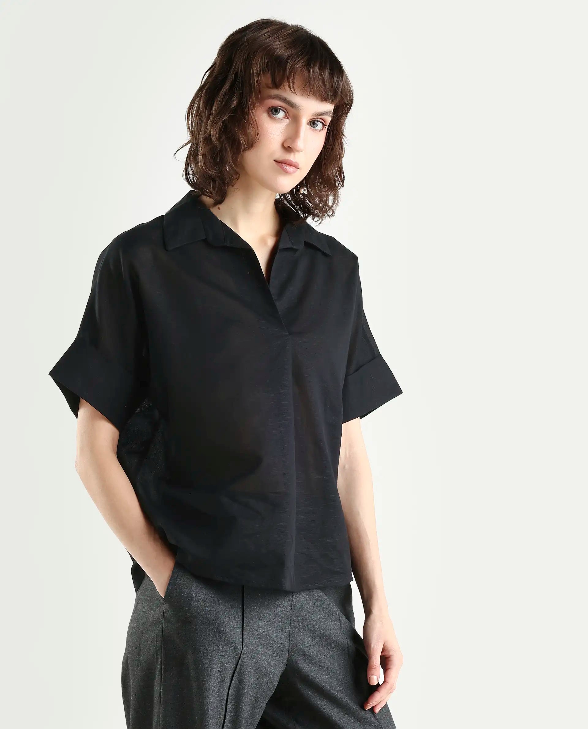 Rareism Women's Alzure Black Linen Blend Half Sleeve Jonny Collar Boxy Plain Top