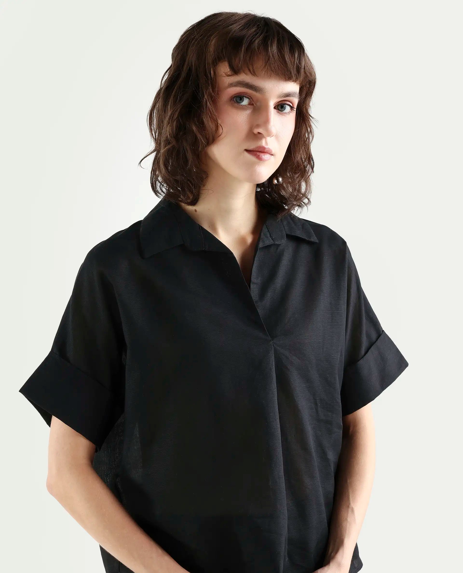 Rareism Women's Alzure Black Linen Blend Half Sleeve Jonny Collar Boxy Plain Top
