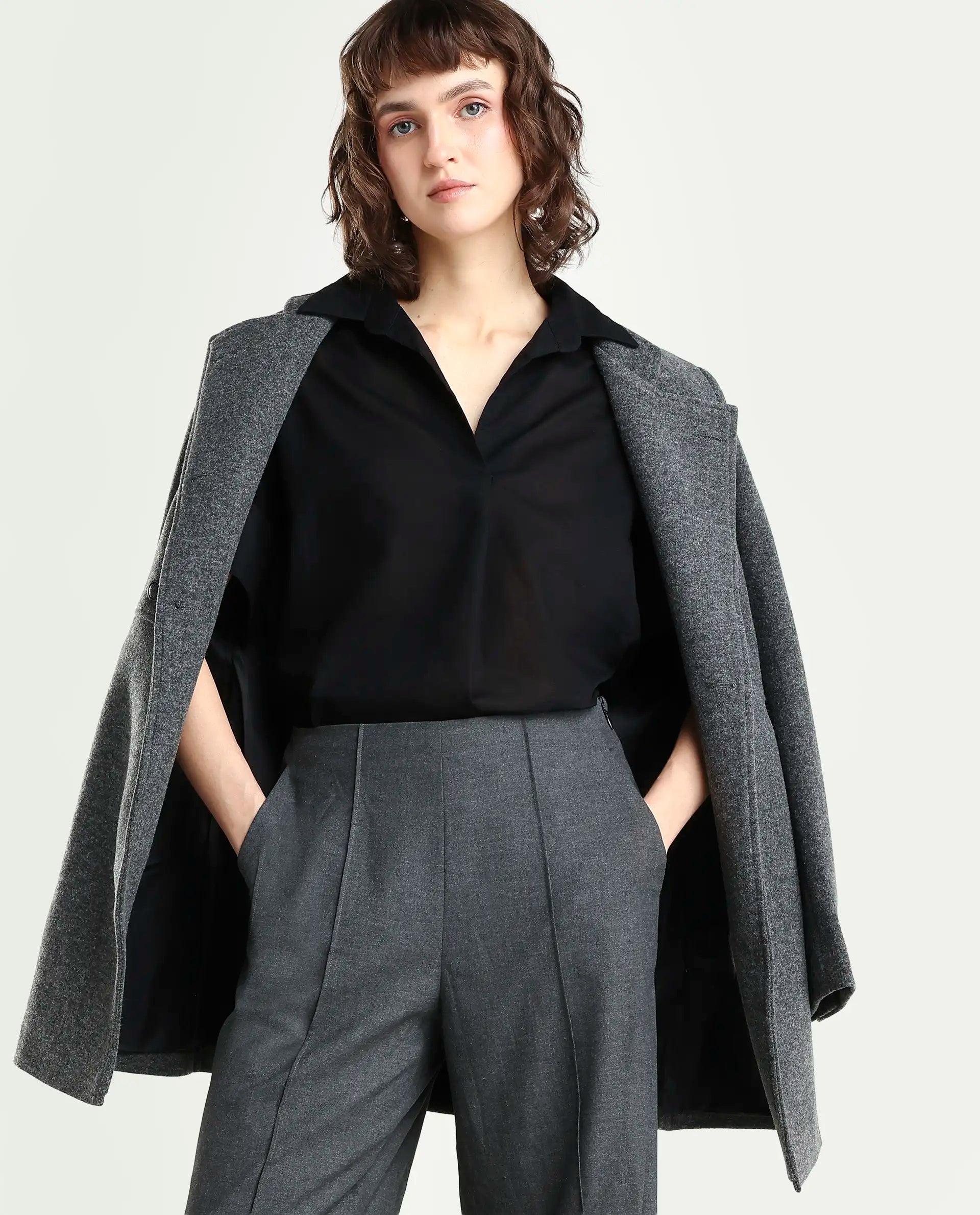 Rareism Women's Alzure Black Linen Blend Half Sleeve Jonny Collar Boxy Plain Top