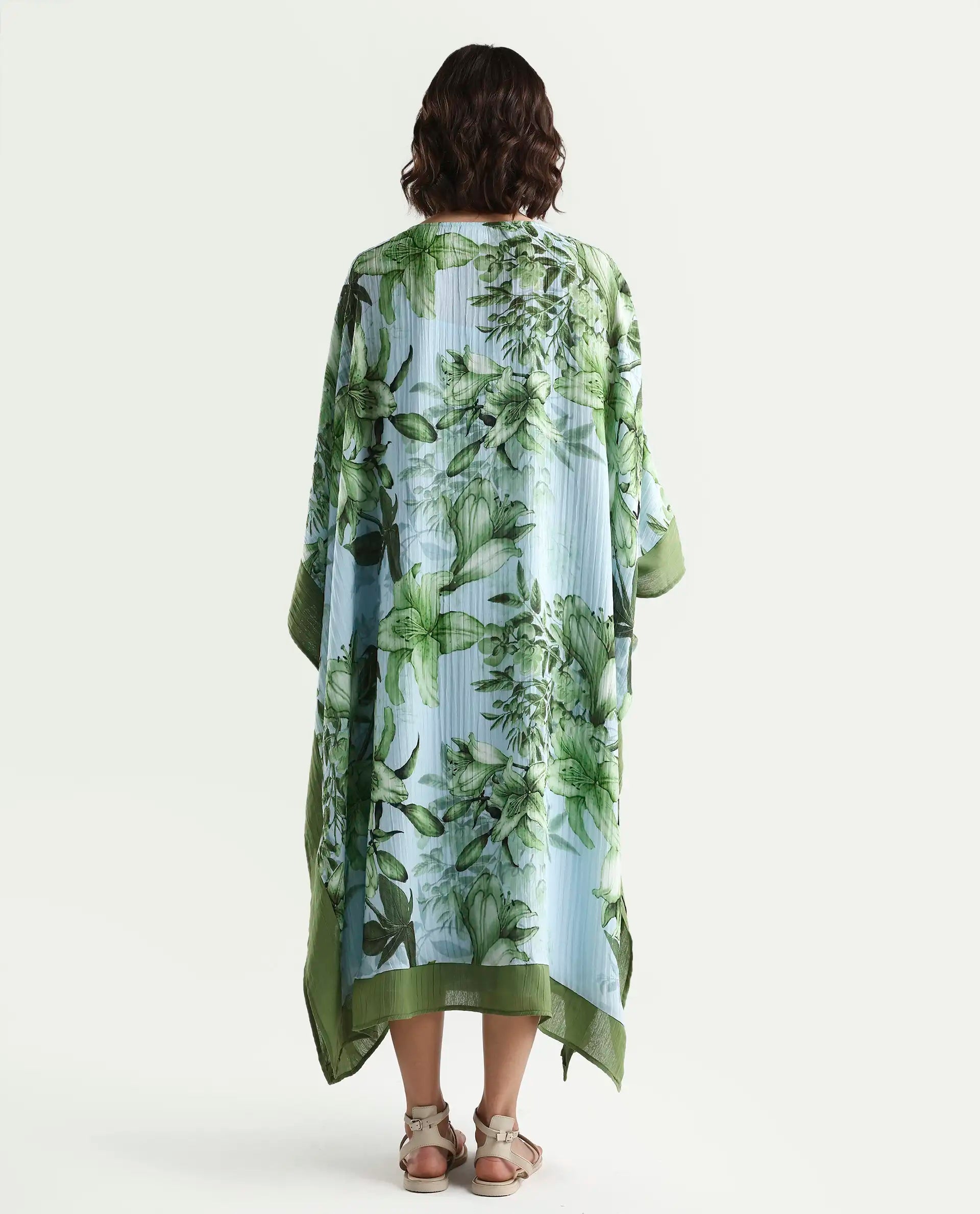 Rareism Women's Amat Light Blue Polyester Full Sleeve Kaftan Floral Print Dress