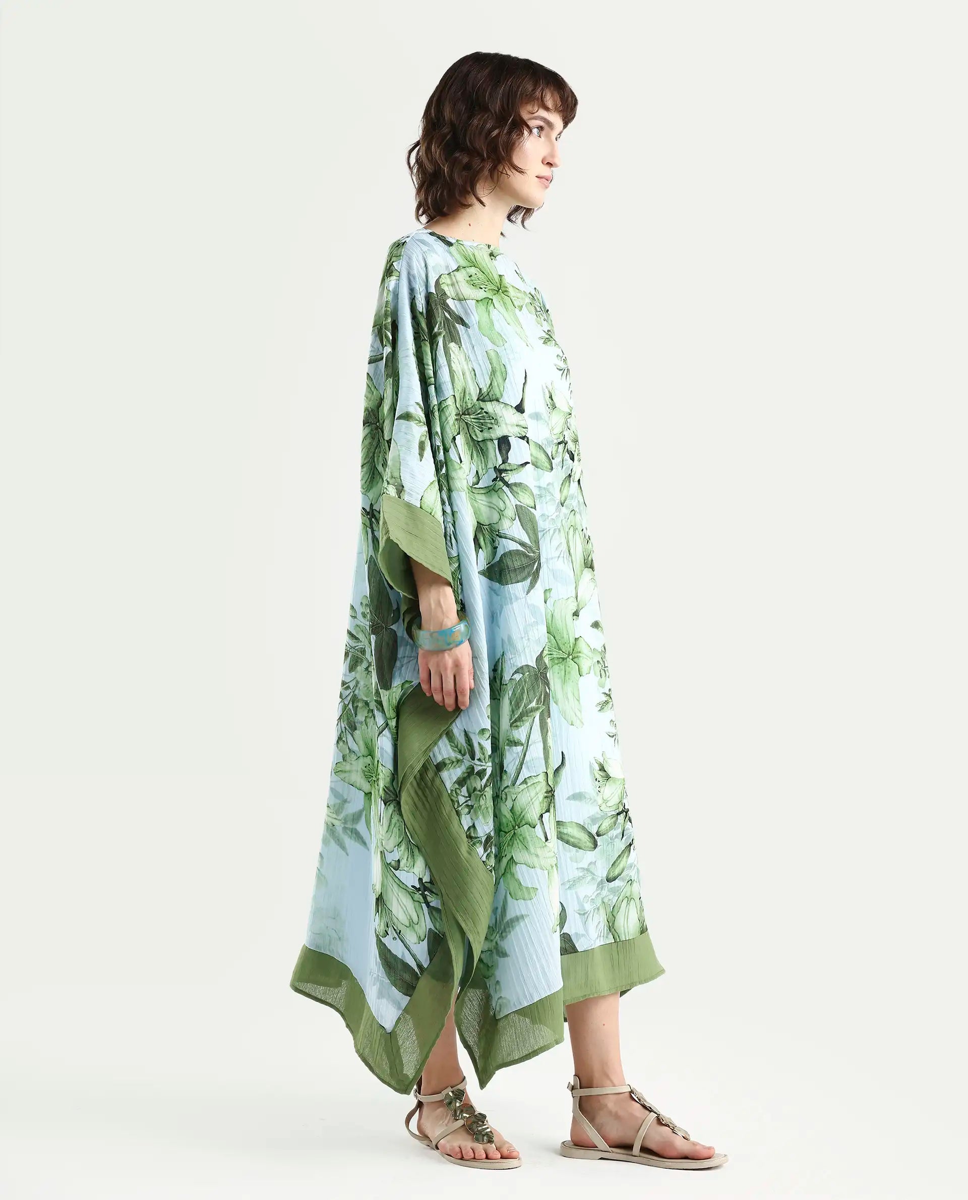 Rareism Women's Amat Light Blue Polyester Full Sleeve Kaftan Floral Print Dress