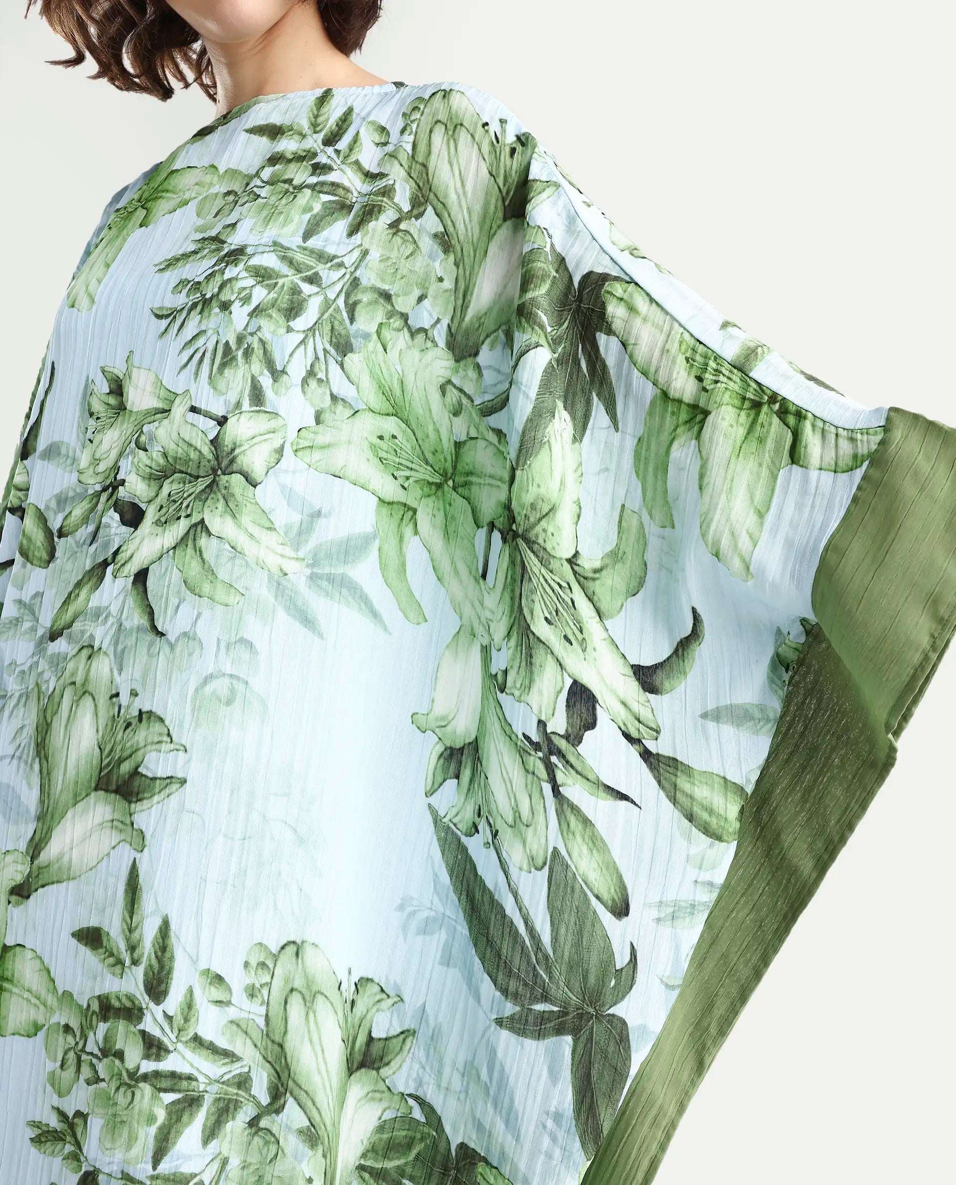 Rareism Women's Amat Light Blue Polyester Full Sleeve Kaftan Floral Print Dress