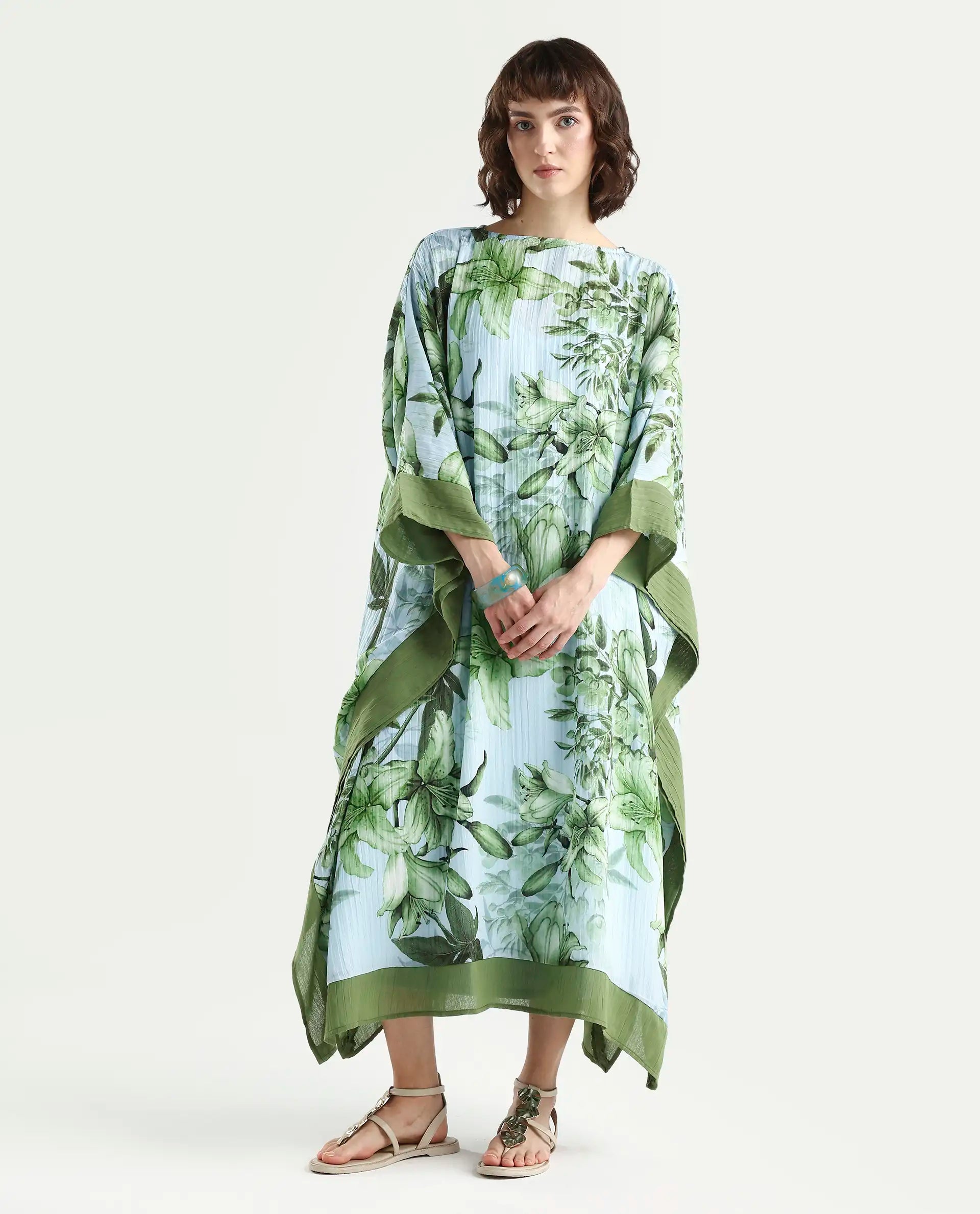 Rareism Women's Amat Light Blue Polyester Full Sleeve Kaftan Floral Print Dress