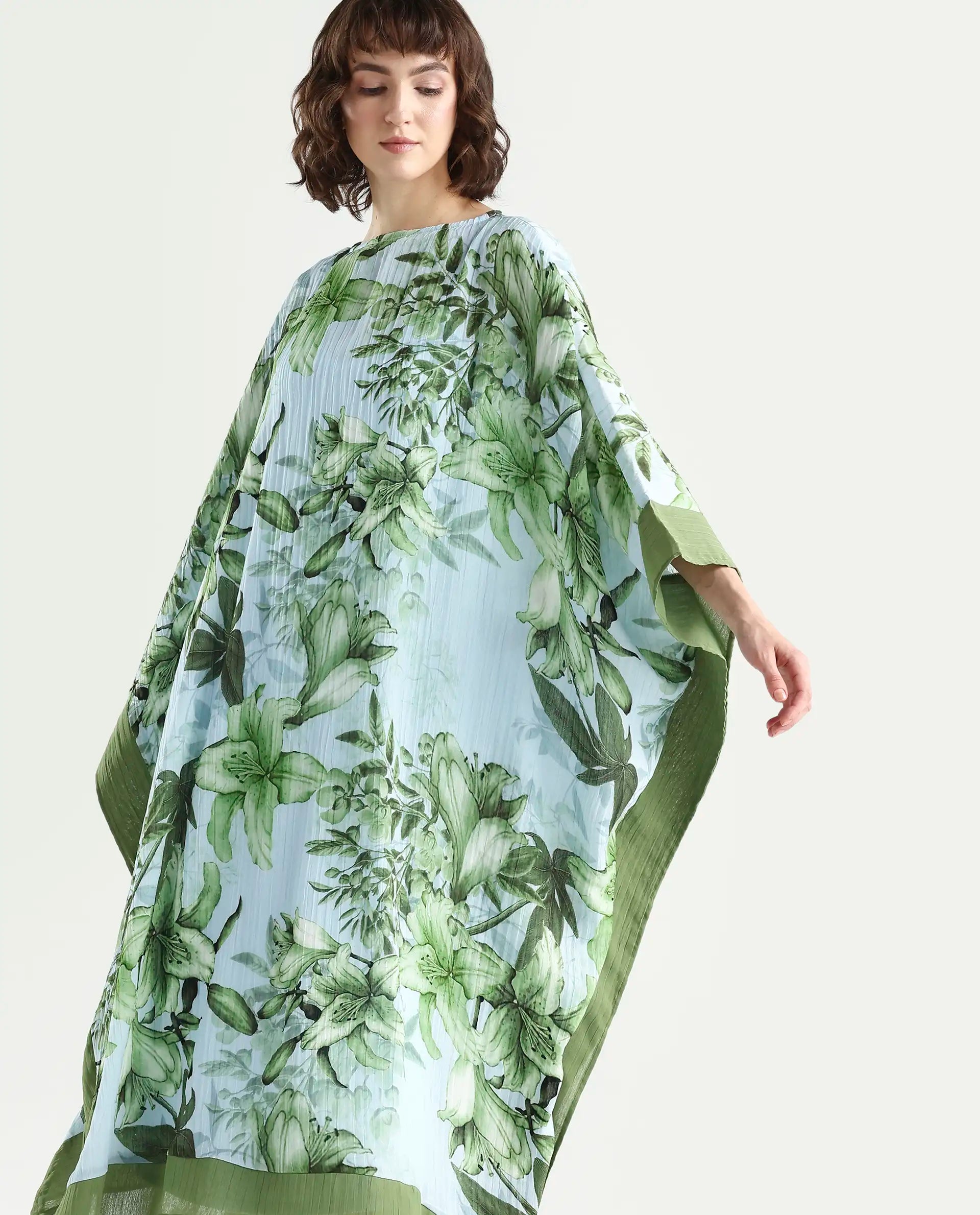 Rareism Women's Amat Light Blue Polyester Full Sleeve Kaftan Floral Print Dress