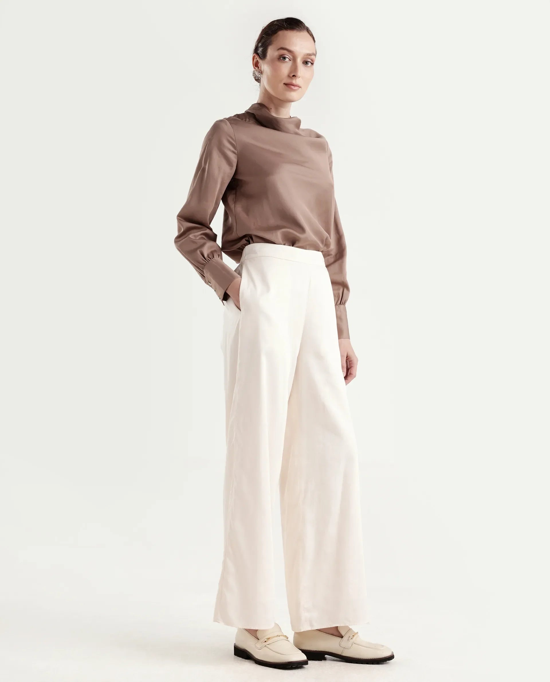 Rareism Women's Anina-B Beige Cotton Blend Flared Plain Trouser