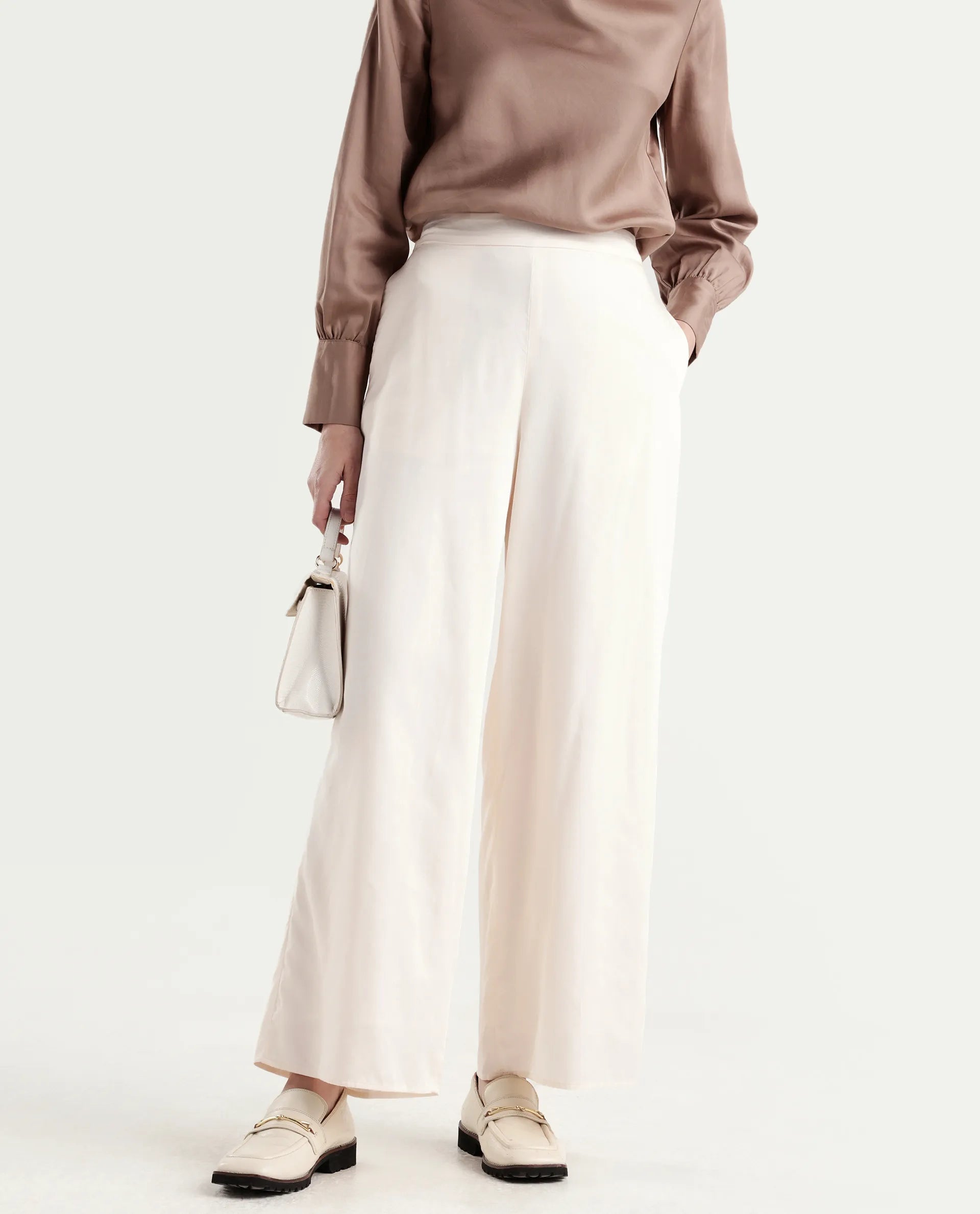 Rareism Women's Anina-B Beige Cotton Blend Flared Plain Trouser
