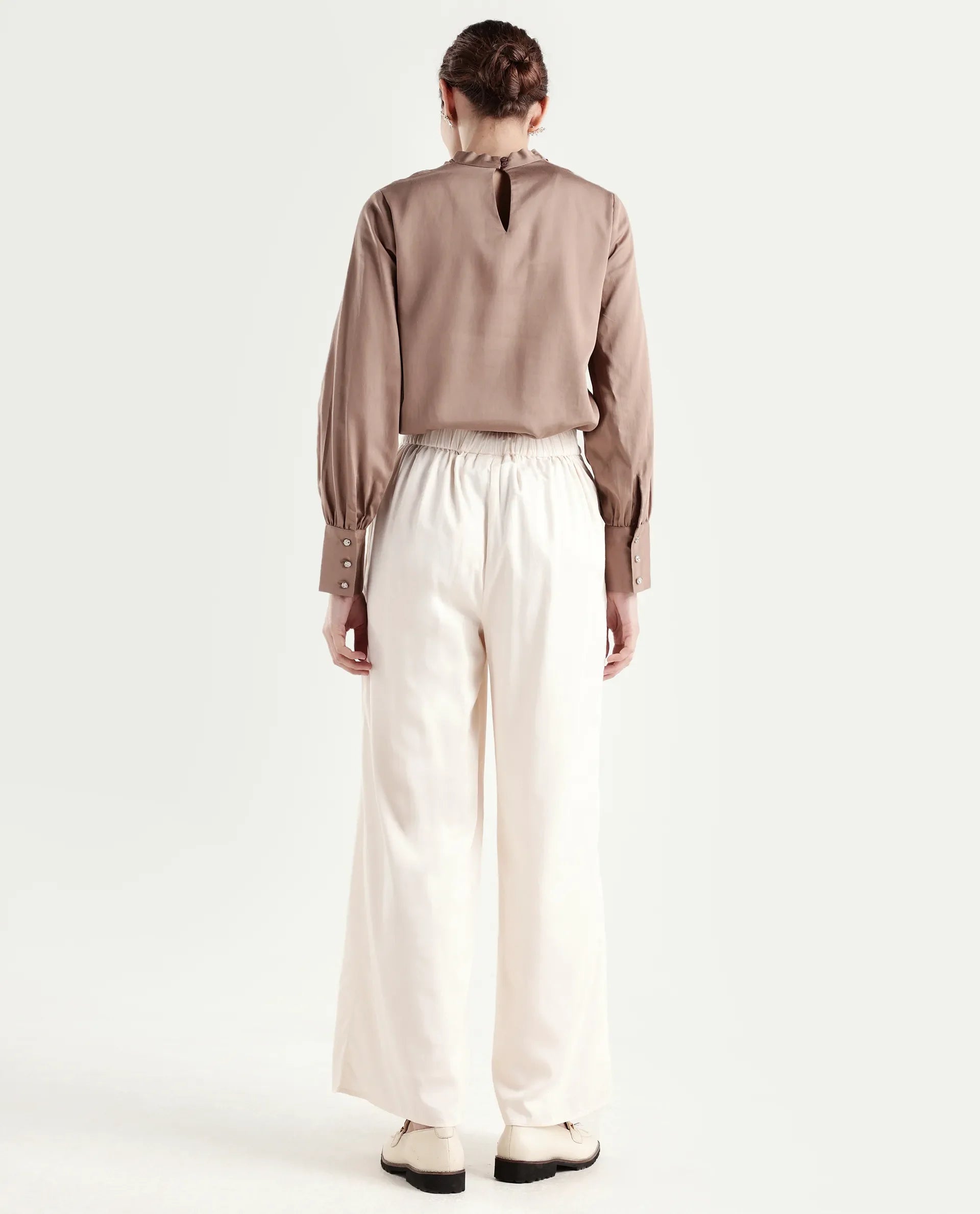 Rareism Women's Anina-B Beige Cotton Blend Flared Plain Trouser