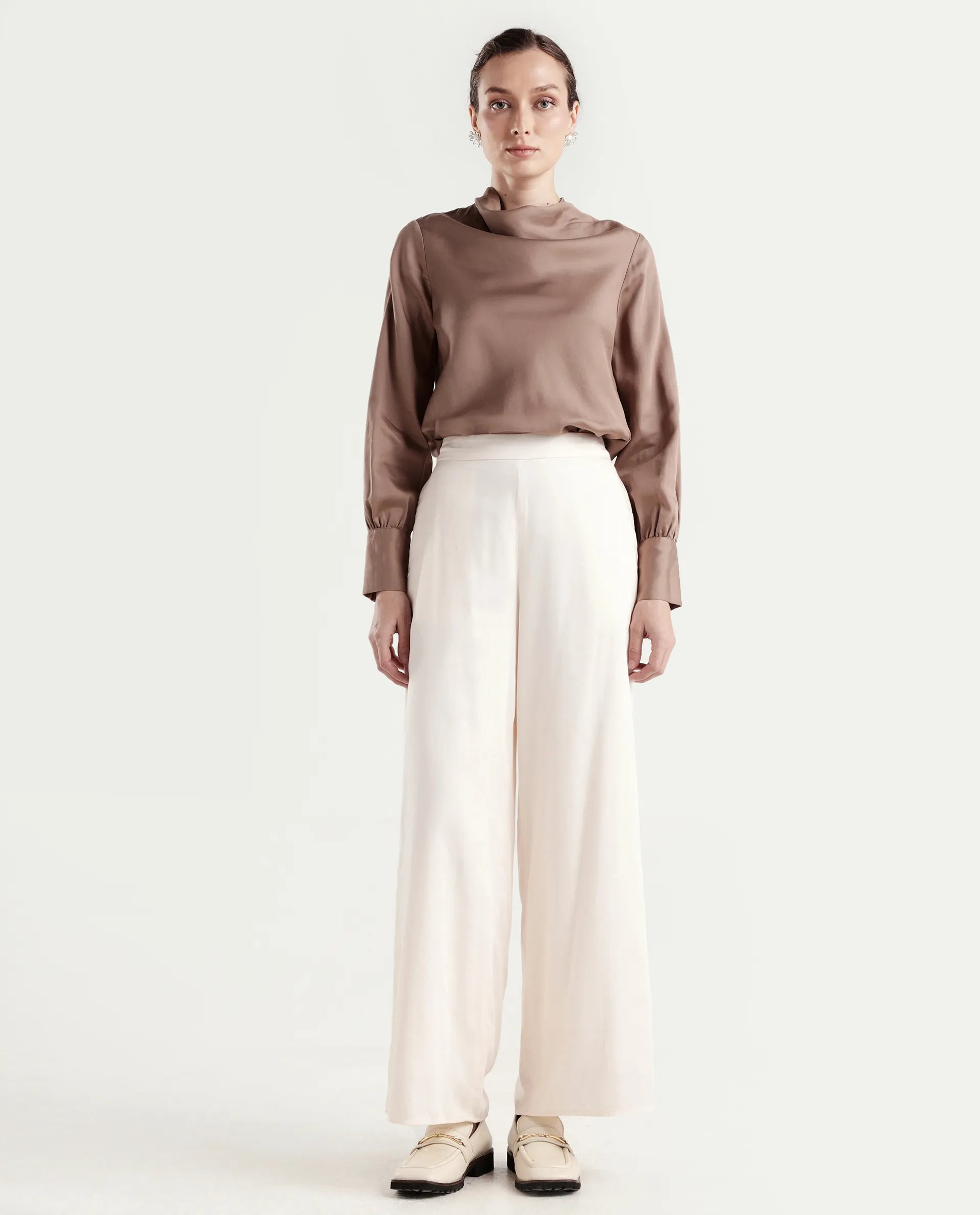 Rareism Women's Anina-B Beige Cotton Blend Flared Plain Trouser