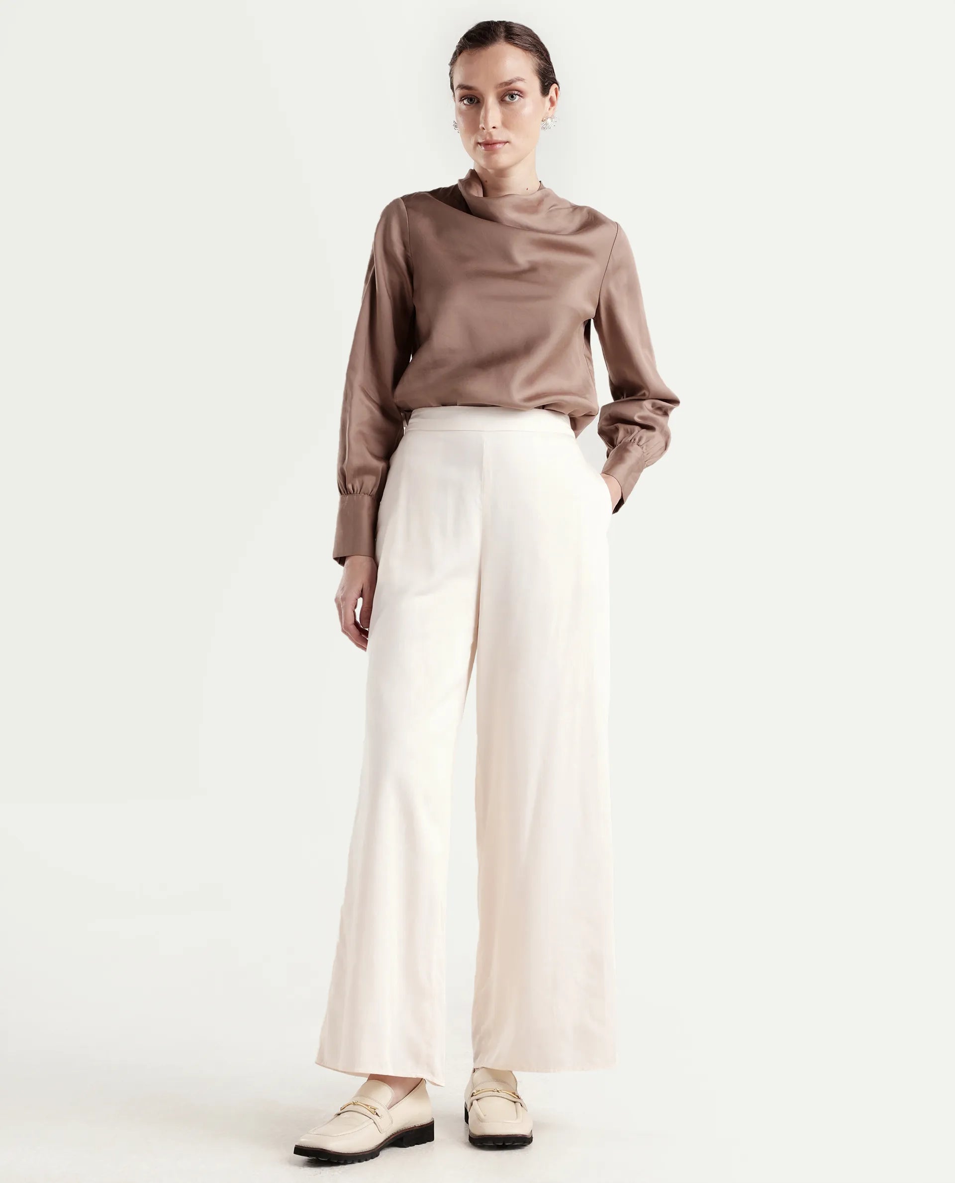 Rareism Women's Anina-B Beige Cotton Blend Flared Plain Trouser