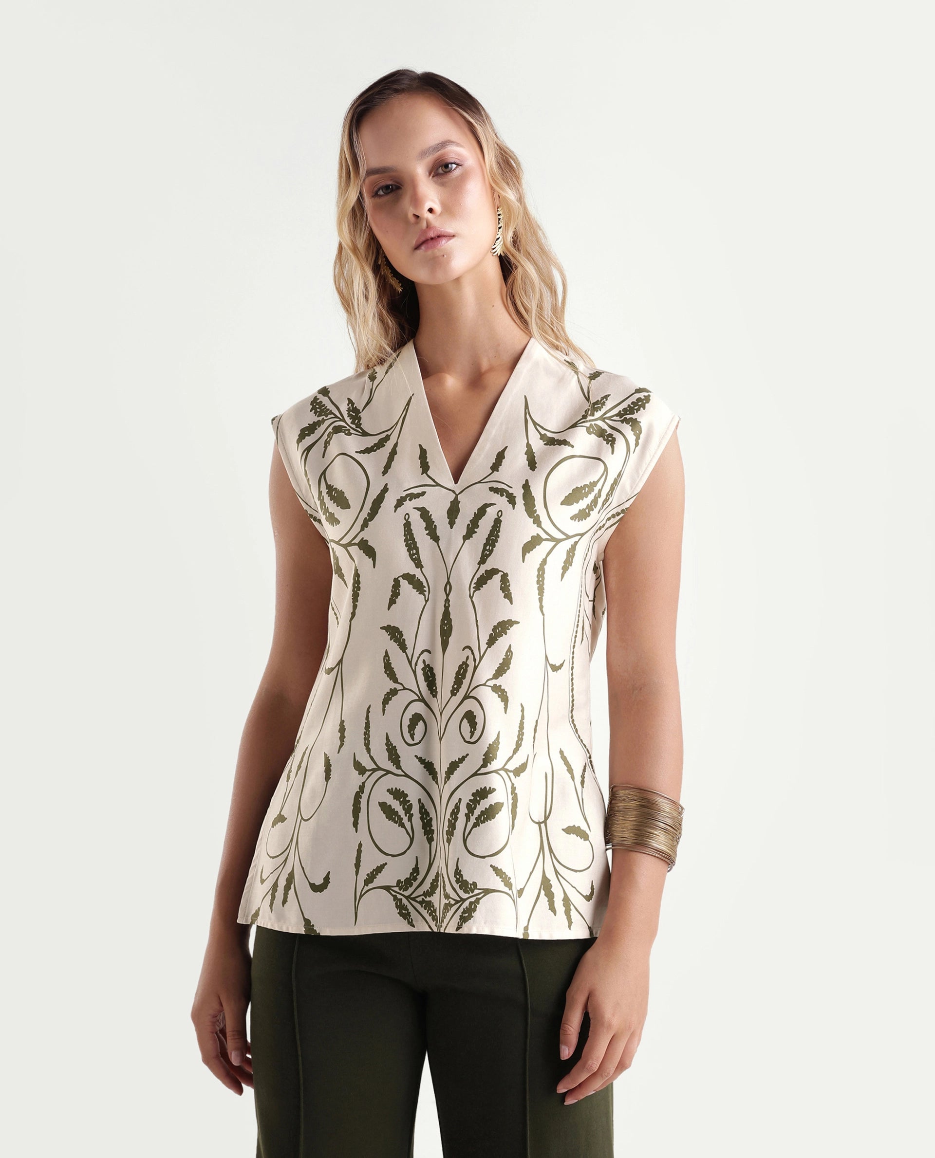 Rareism Women's Anina-T Beige Ornamental Print Cotton Blend Regular Fit Short Sleeves Top