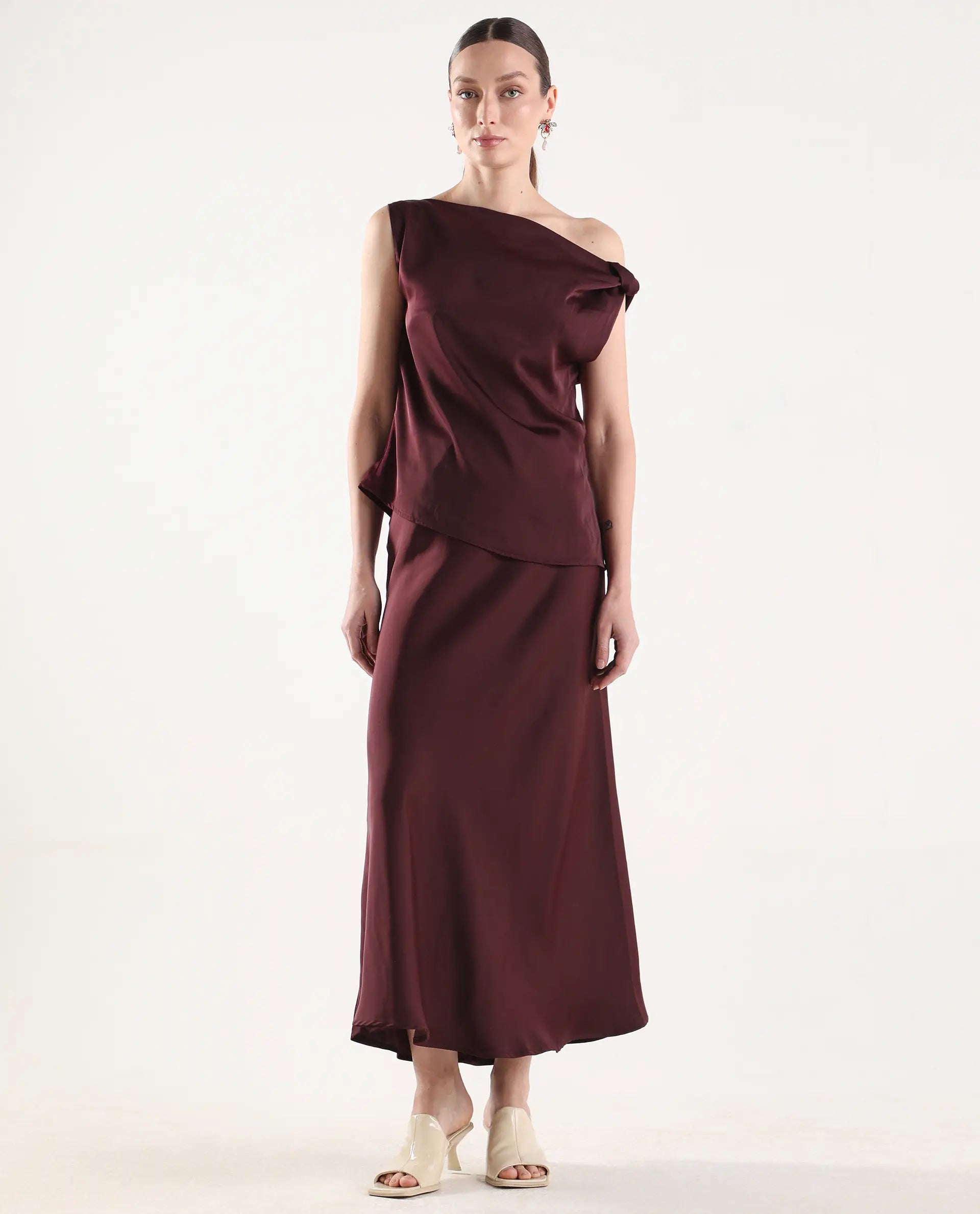 Rareism Women's Aoron-B Maroon Polyester A-Line Plain Skirt