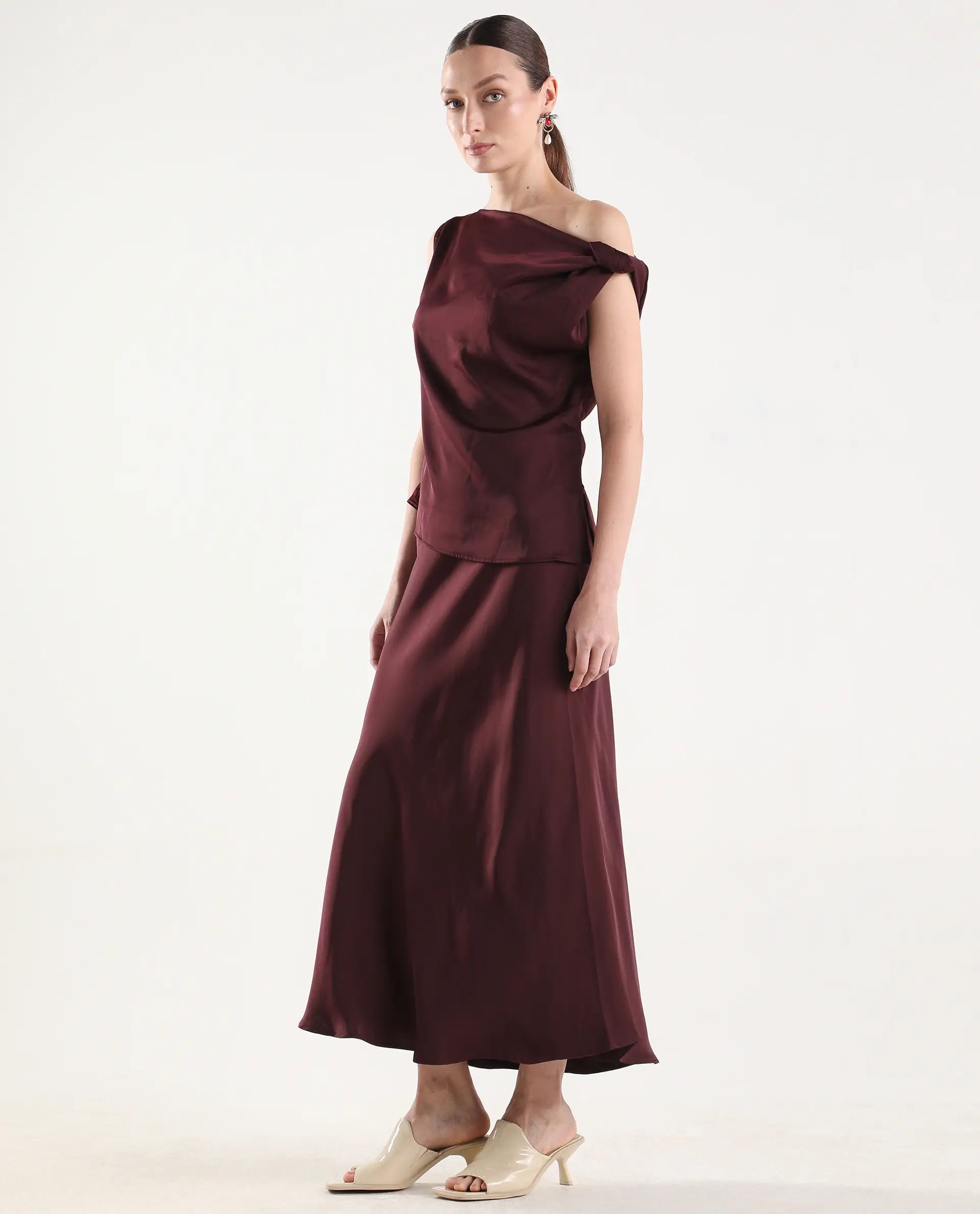 Rareism Women's Aoron-B Maroon Polyester A-Line Plain Skirt