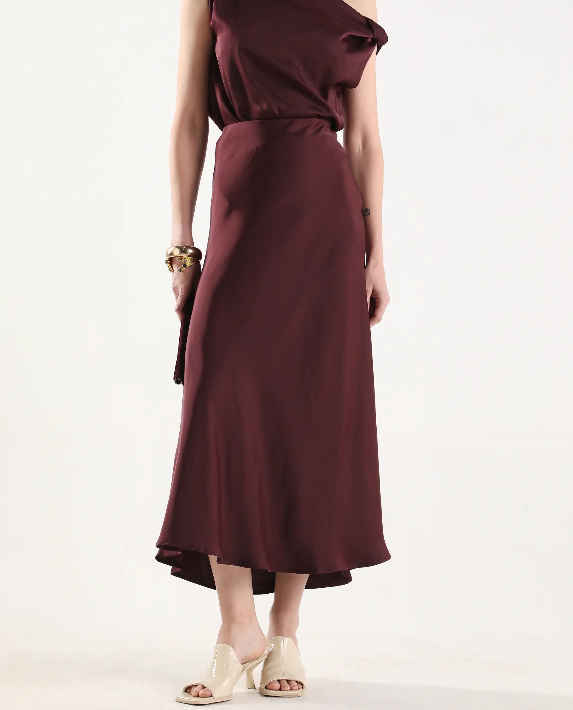 Rareism Women's Aoron-B Maroon Polyester A-Line Plain Skirt