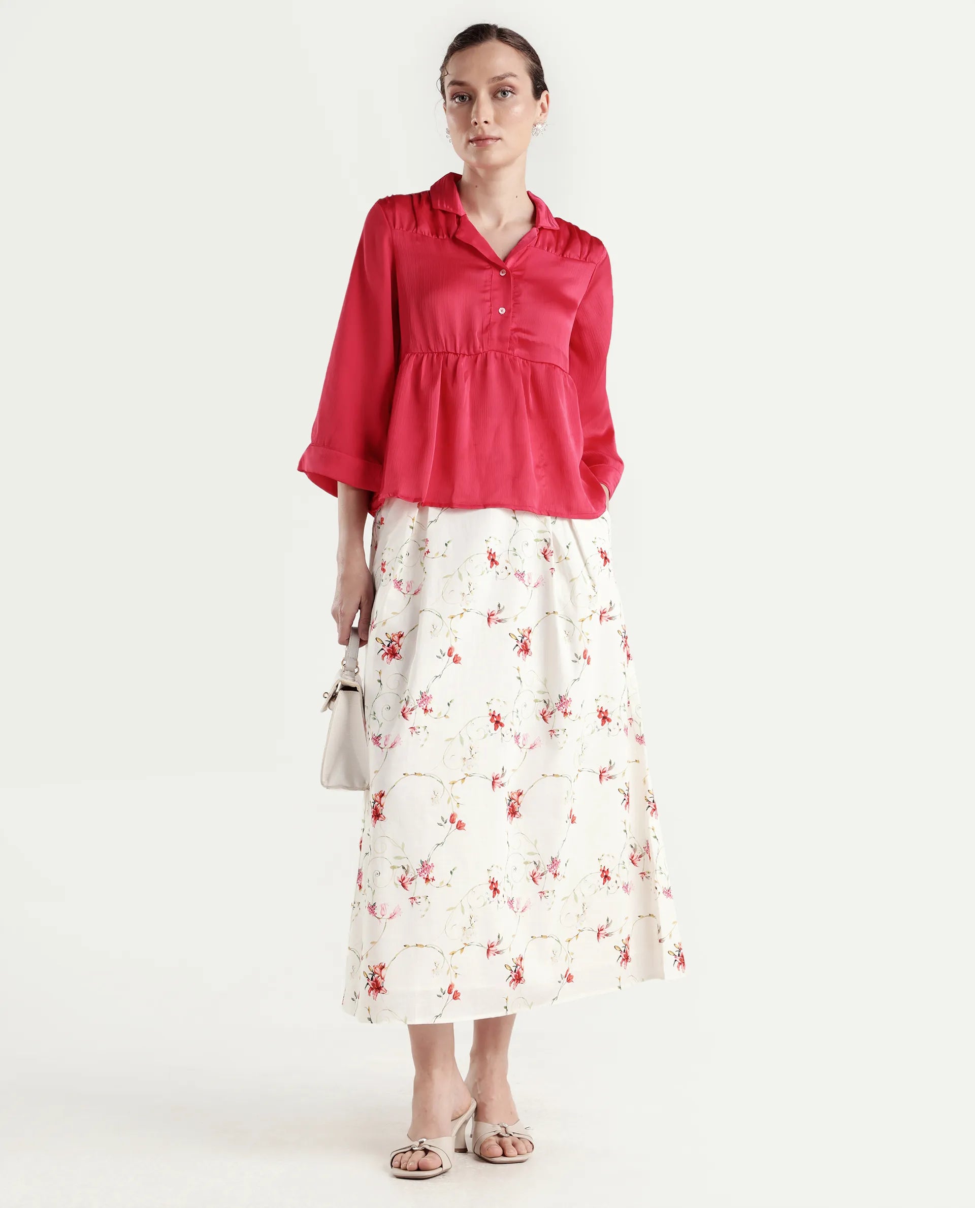 Rareism Women's Aroy-B Off White Cotton A-Line Floral Print Skirt