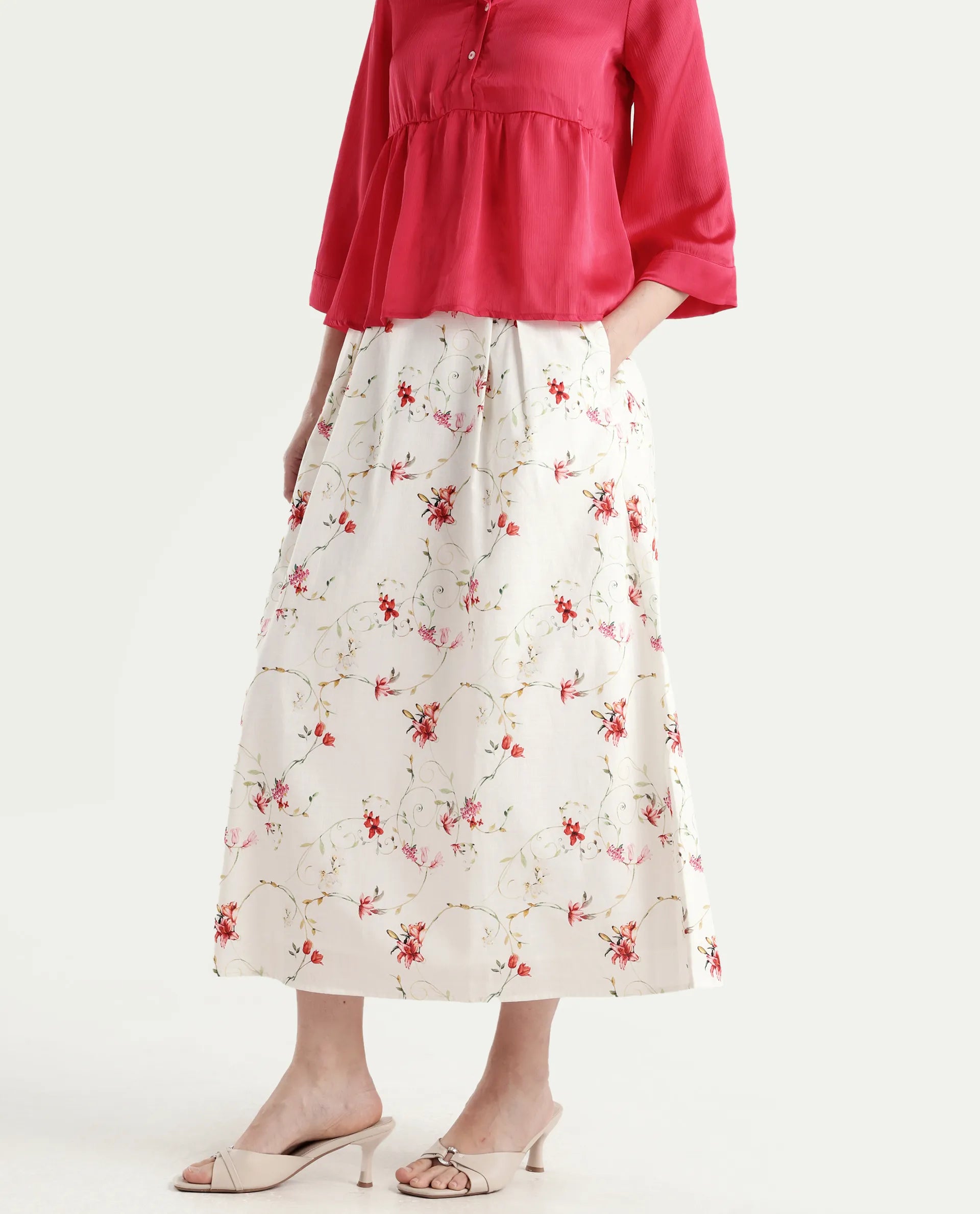 Rareism Women's Aroy-B Off White Cotton A-Line Floral Print Skirt