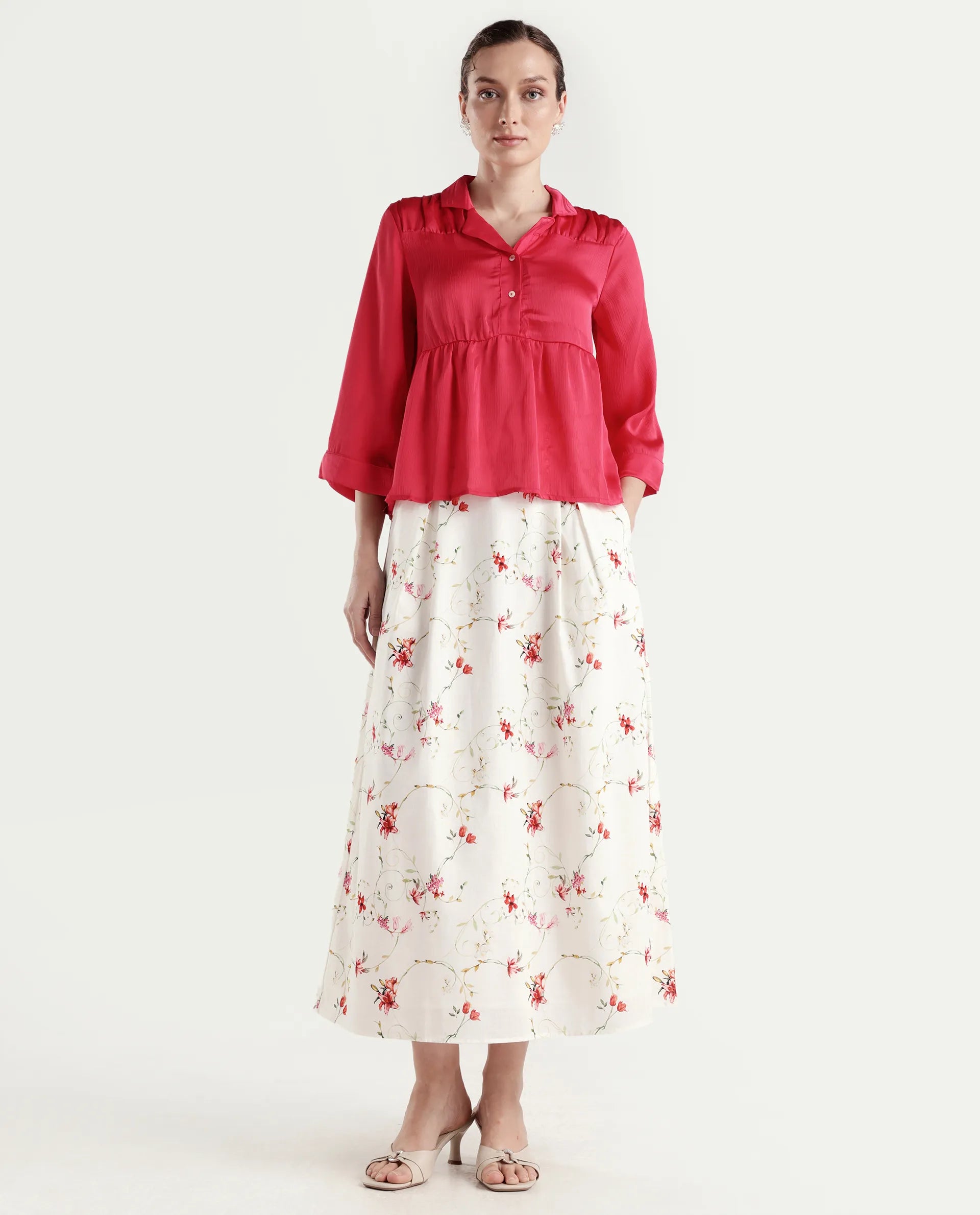 Rareism Women's Aroy-B Off White Cotton A-Line Floral Print Skirt