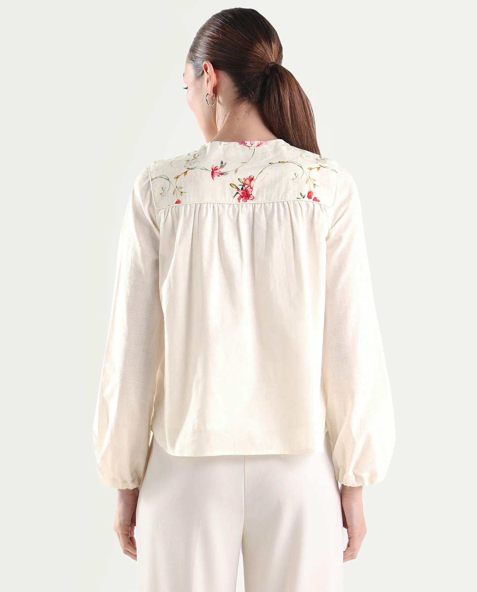 Rareism Women's Aroy-T Off White Cotton Full Sleeve Boxy Printed Top
