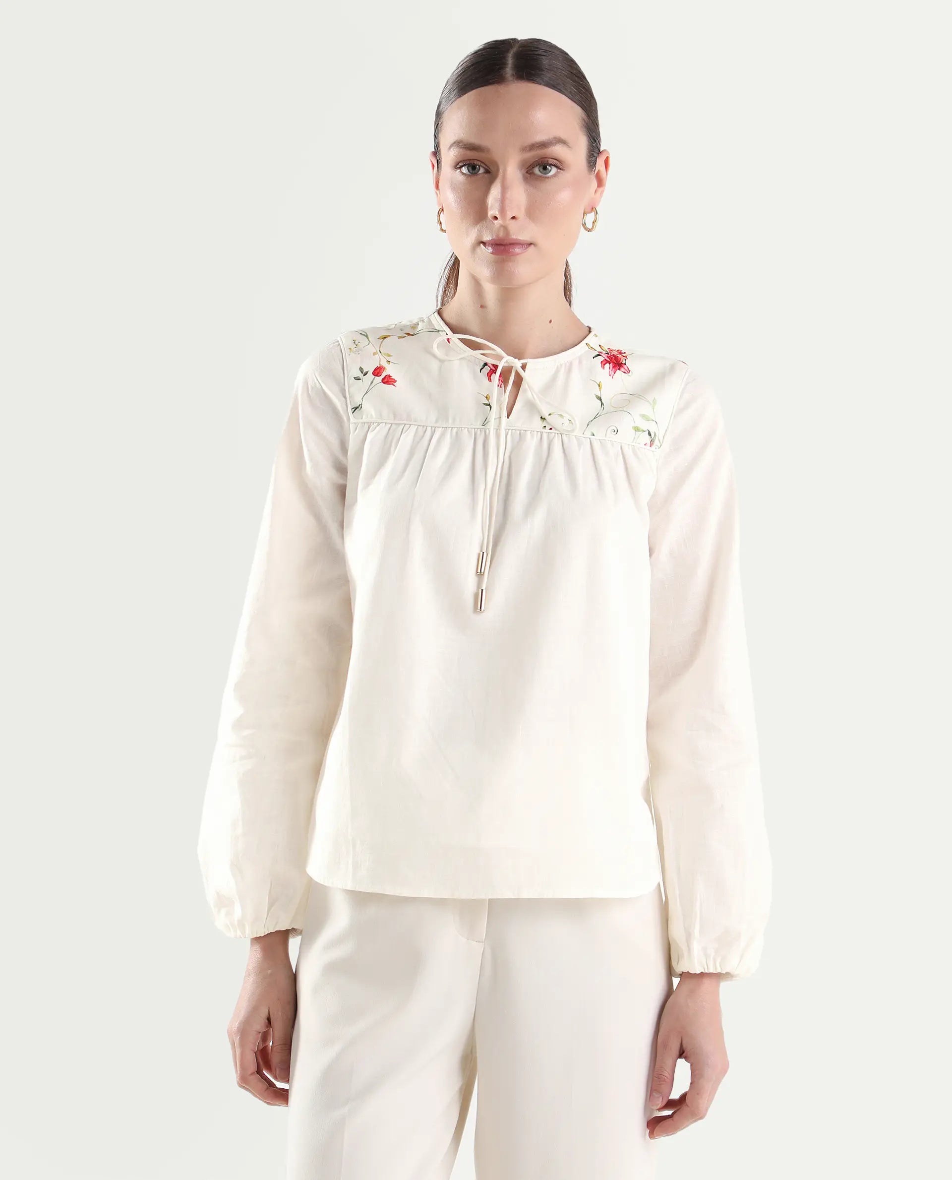 Rareism Women's Aroy-T Off White Cotton Full Sleeve Boxy Printed Top