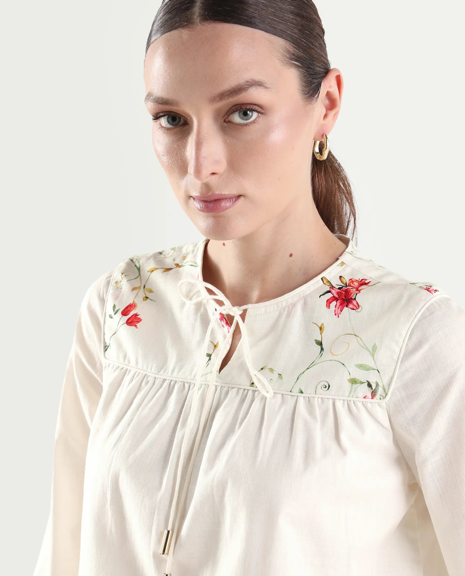 Rareism Women's Aroy-T Off White Cotton Full Sleeve Boxy Printed Top