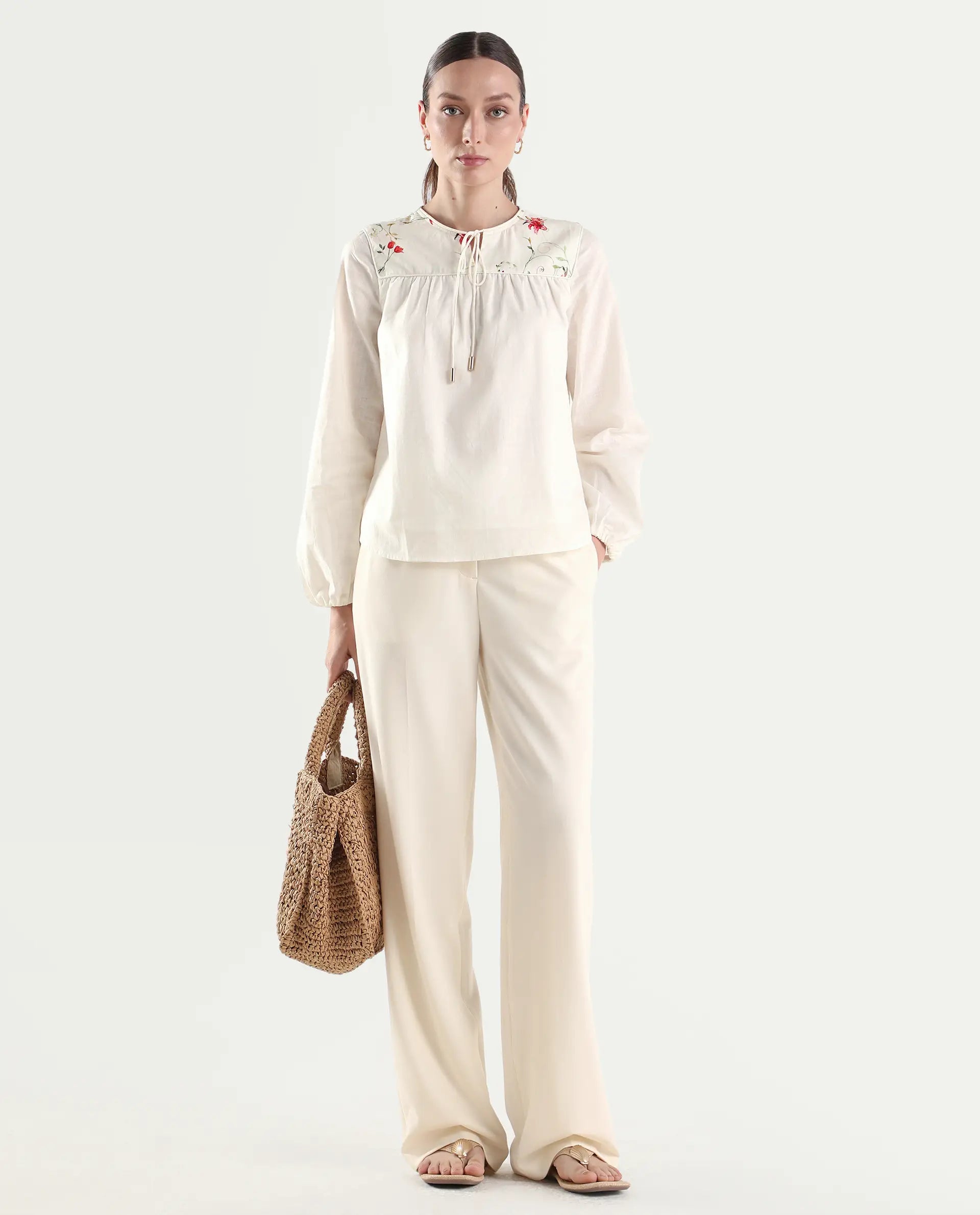 Rareism Women's Aroy-T Off White Cotton Full Sleeve Boxy Printed Top