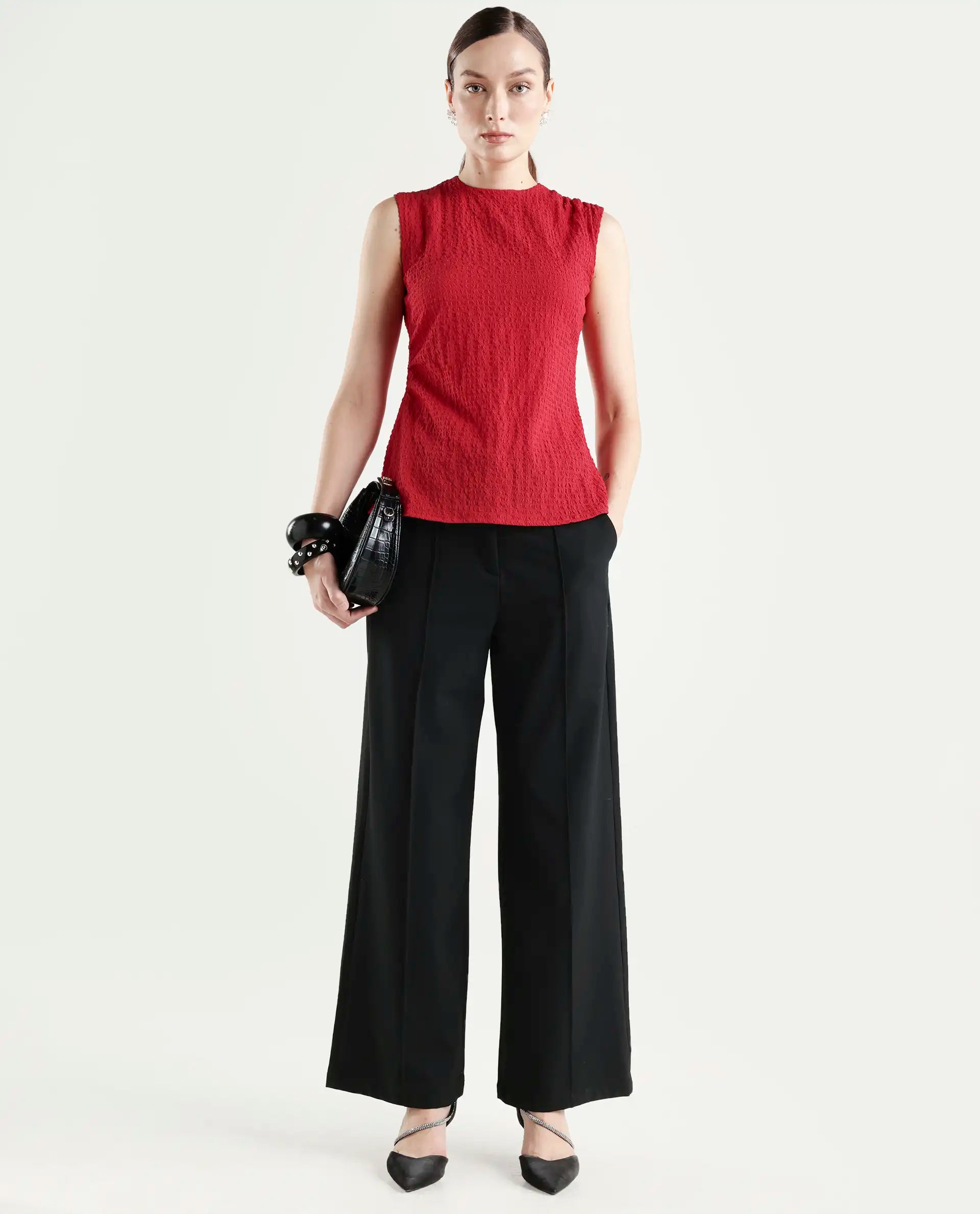 Rareism Women's Arrix Red Polyester Sleeveless Regular Fit Plain Top