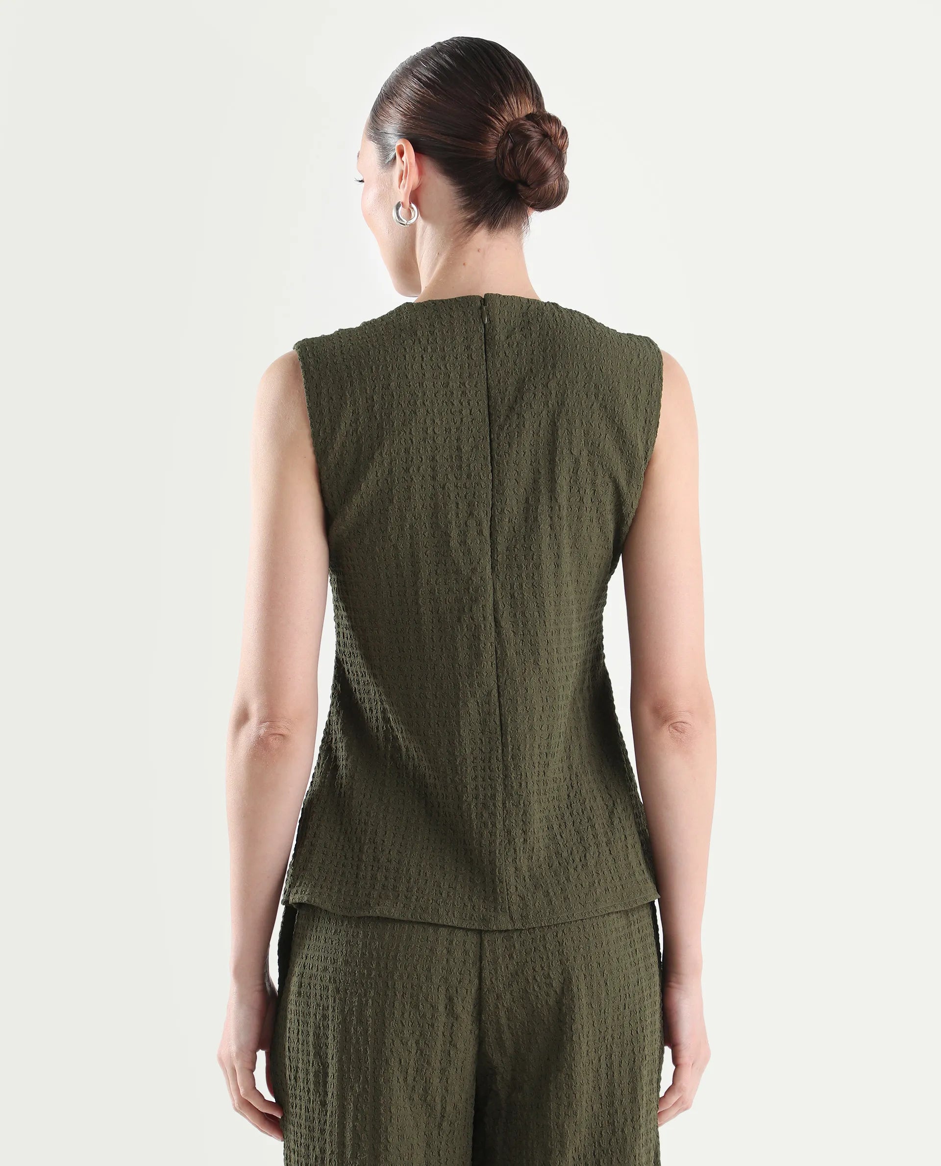 Rareism Women's Arrix-T Olive Polyester Sleeveless Regular Fit Plain Top
