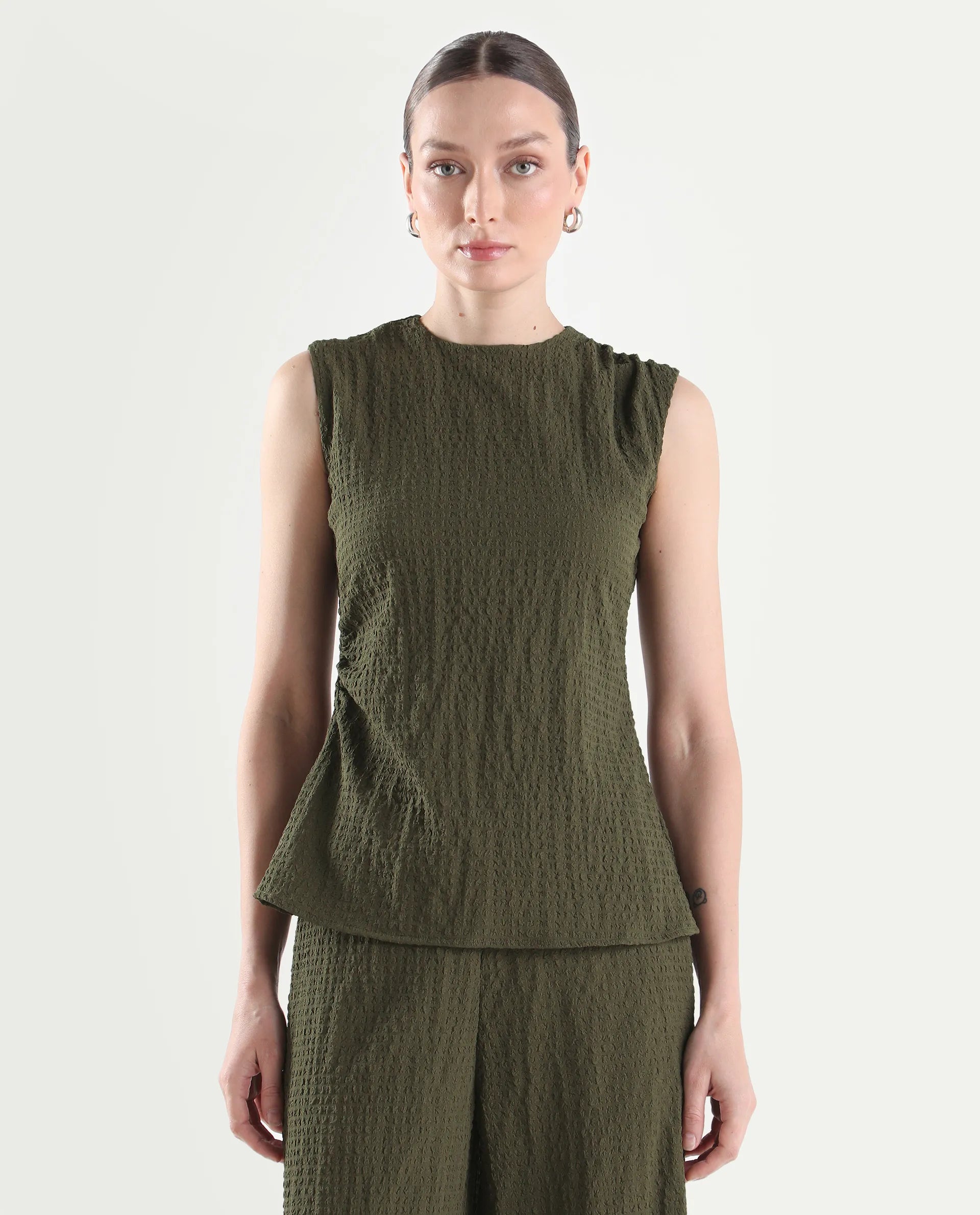 Rareism Women's Arrix-T Olive Polyester Sleeveless Regular Fit Plain Top