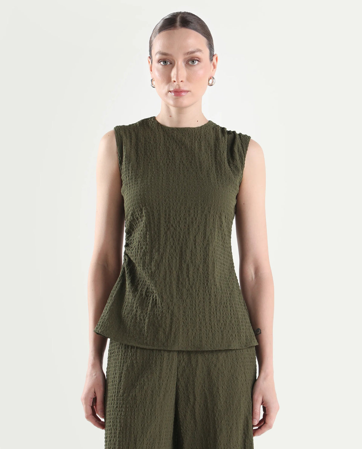 Rareism Women's Arrix-T Olive Polyester Sleeveless Regular Fit Plain Top