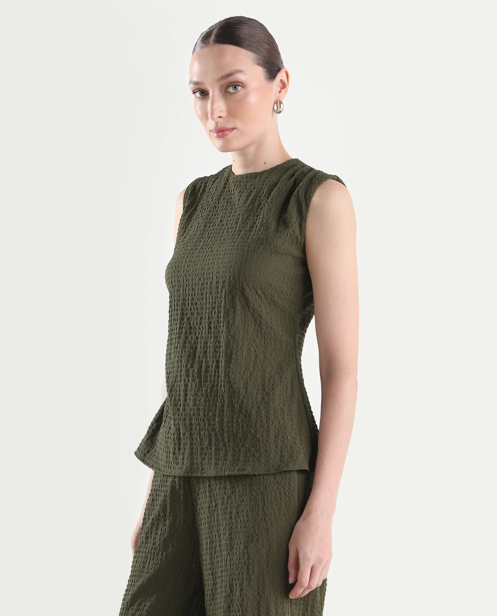 Rareism Women's Arrix-T Olive Polyester Sleeveless Regular Fit Plain Top