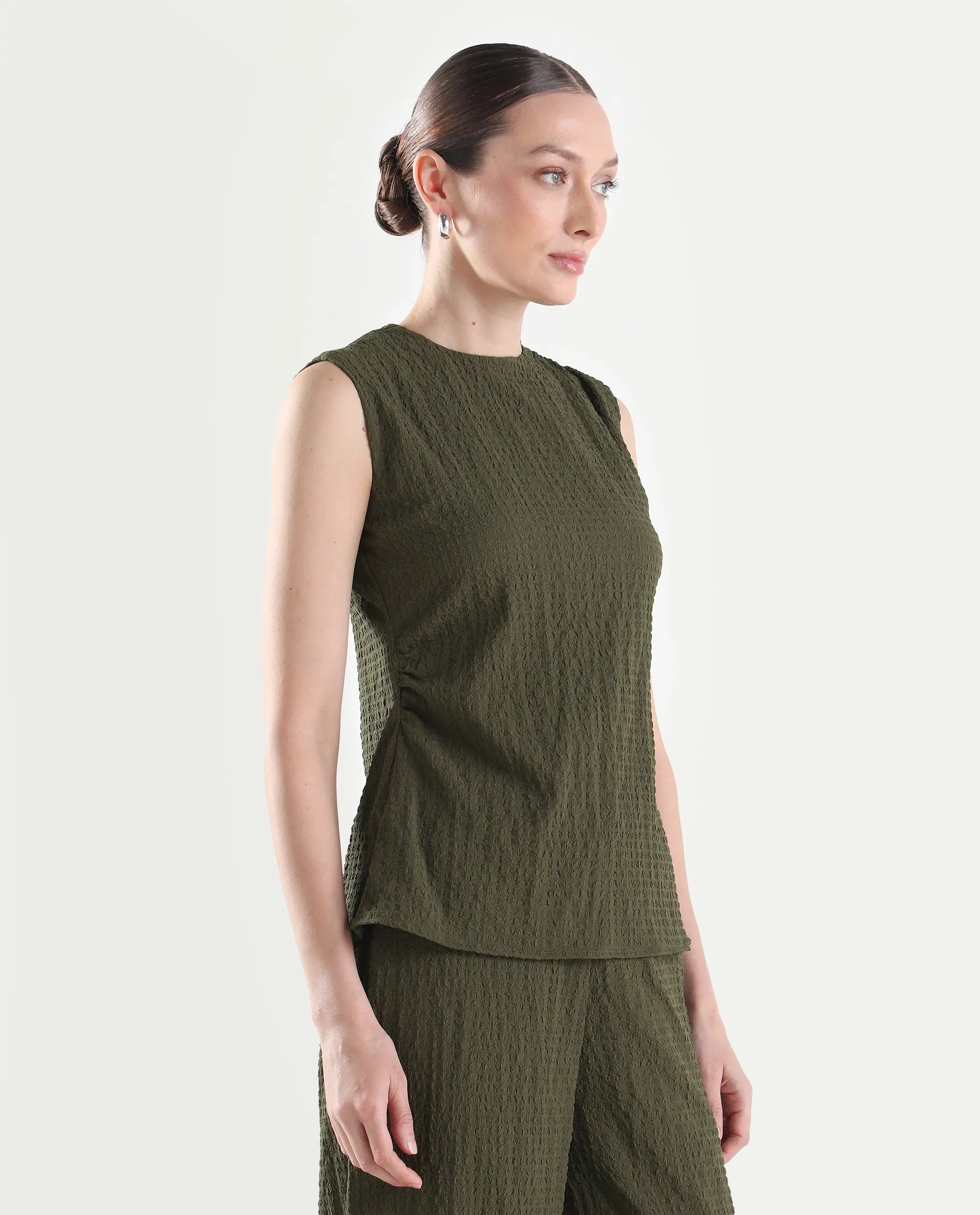 Rareism Women's Arrix-T Olive Polyester Sleeveless Regular Fit Plain Top