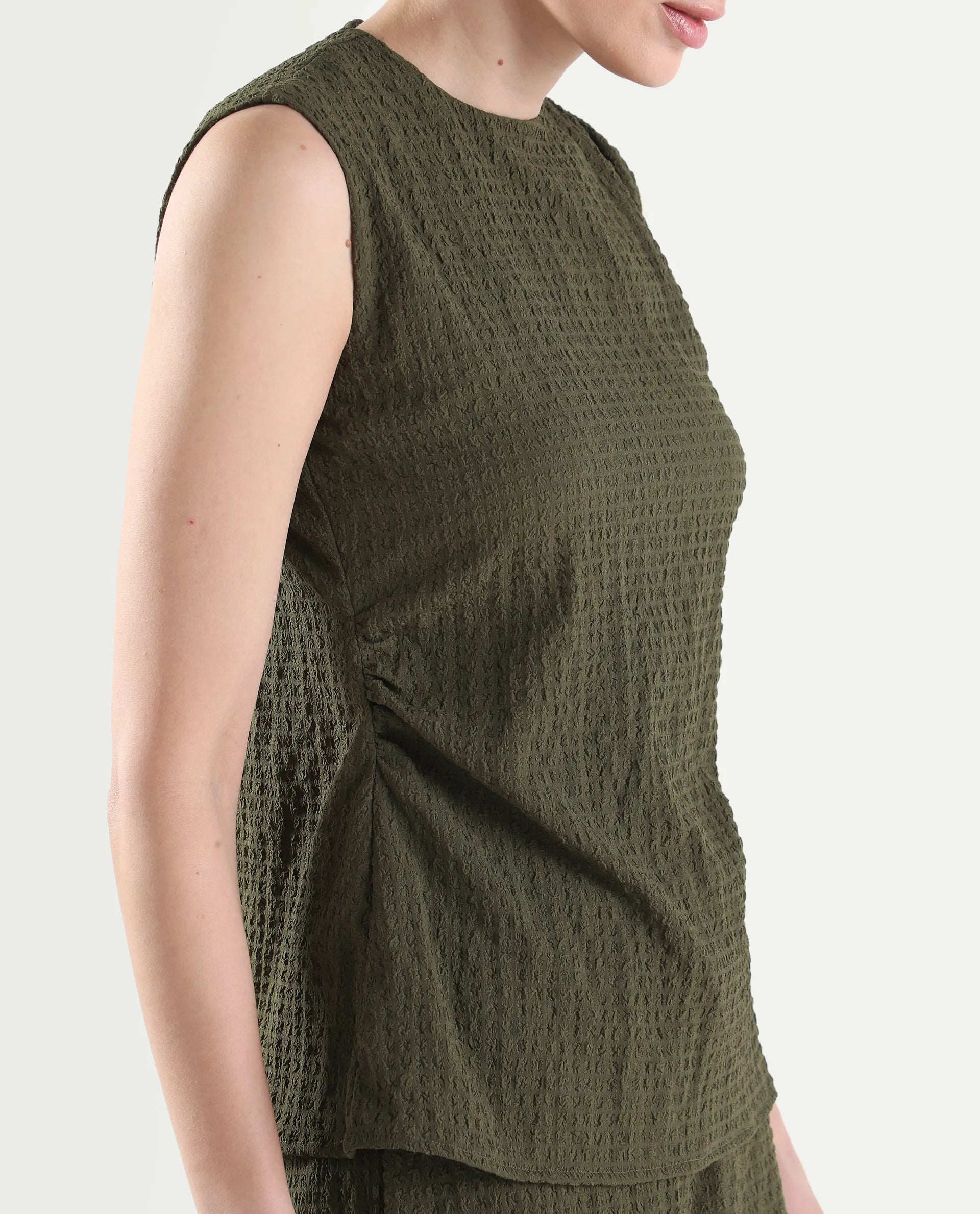 Rareism Women's Arrix-T Olive Polyester Sleeveless Regular Fit Plain Top