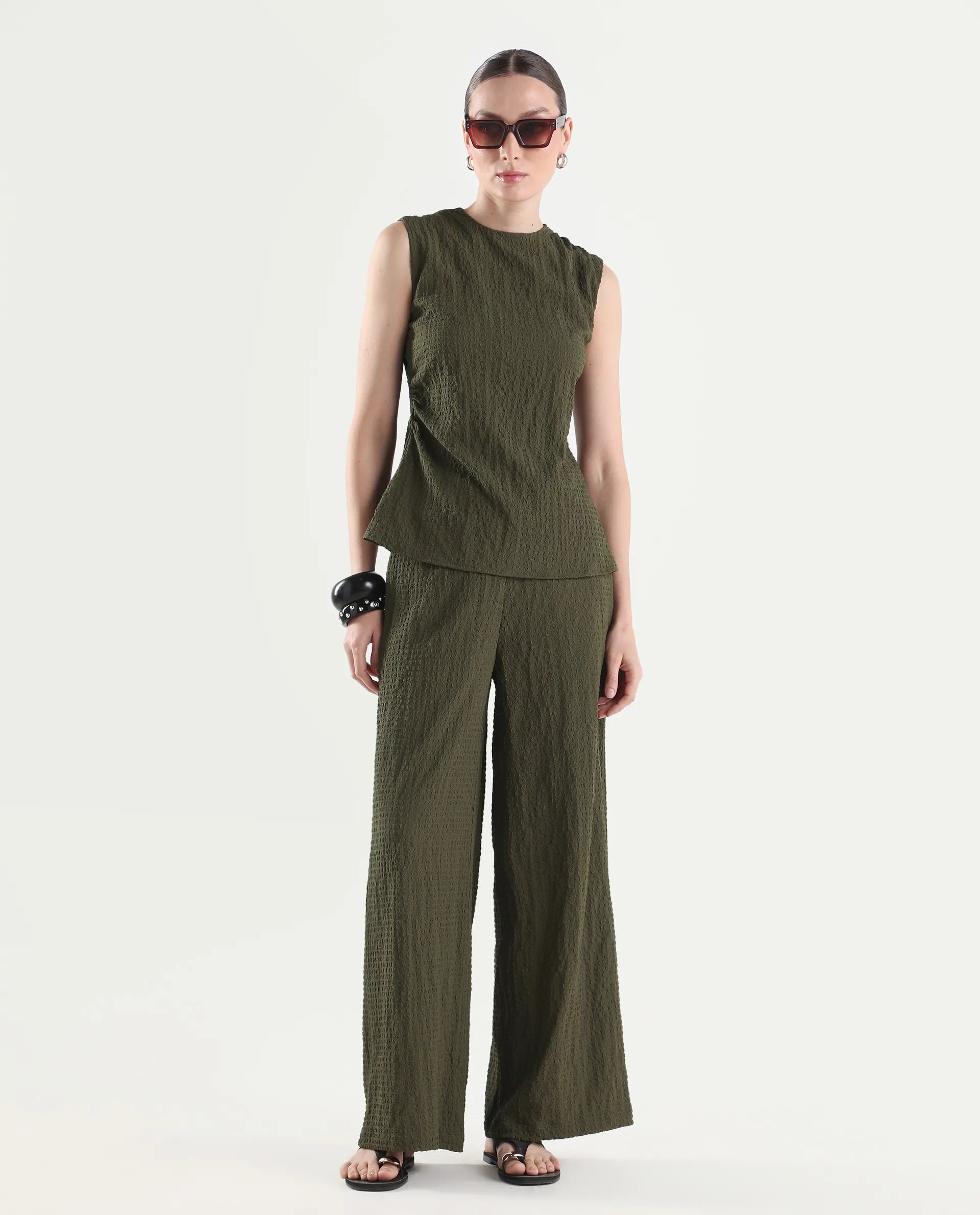 Rareism Women's Arrix-T Olive Polyester Sleeveless Regular Fit Plain Top