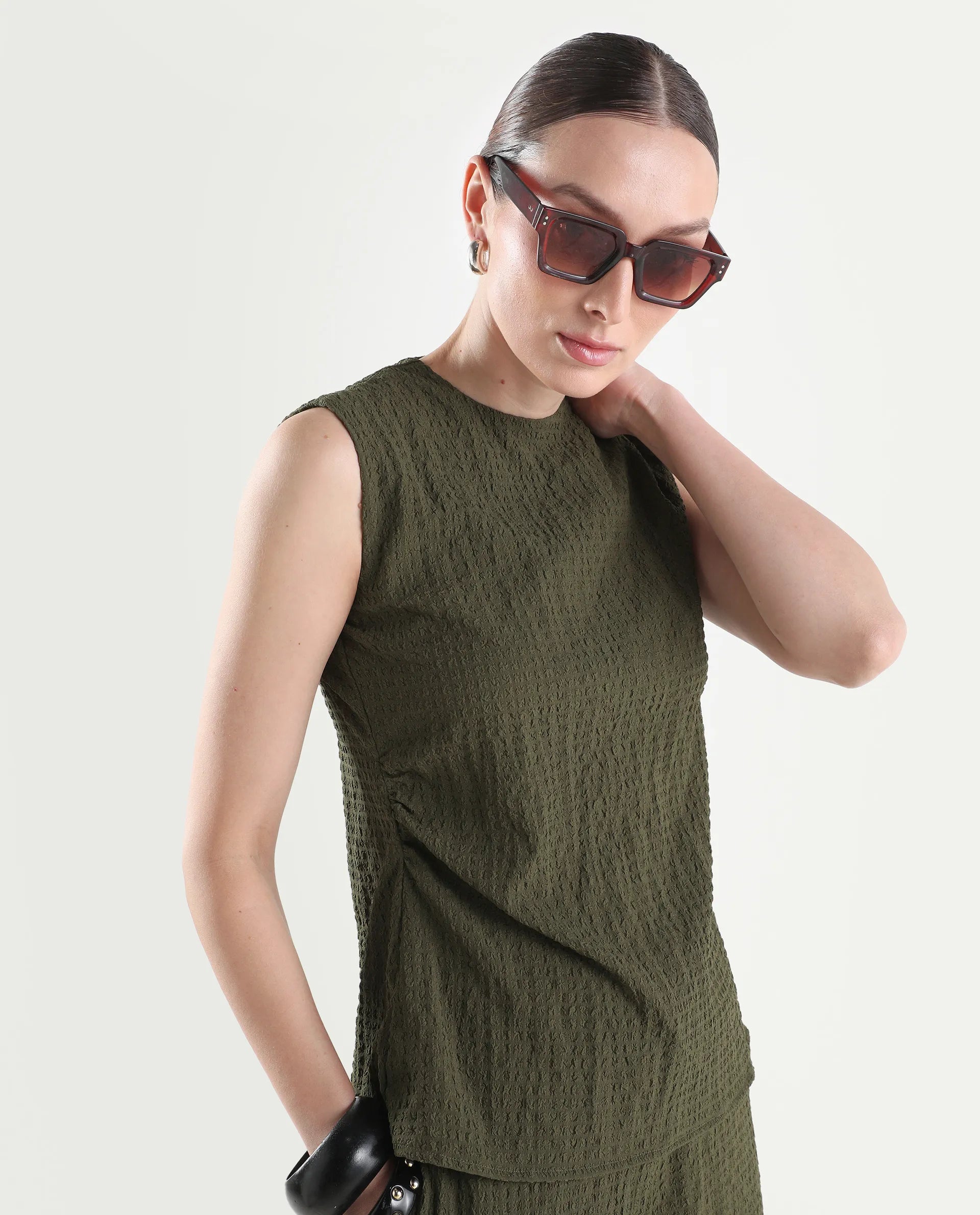 Rareism Women's Arrix-T Olive Polyester Sleeveless Regular Fit Plain Top