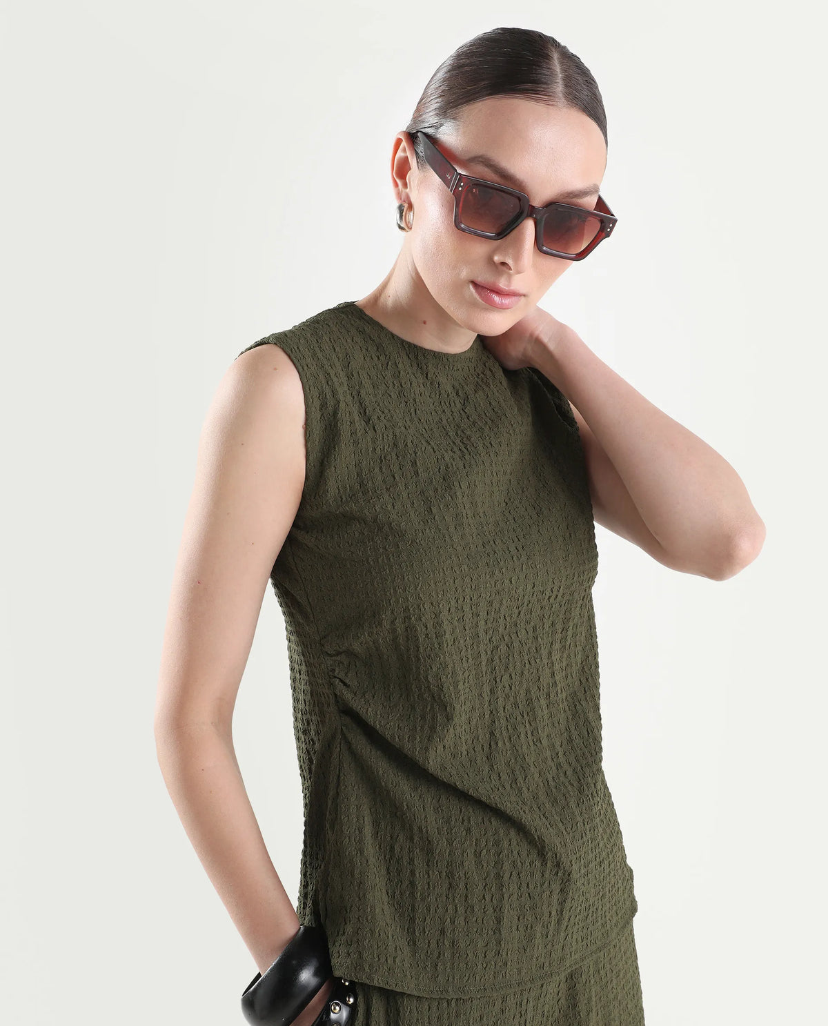 Rareism Women's Arrix-T Olive Polyester Sleeveless Regular Fit Plain Top