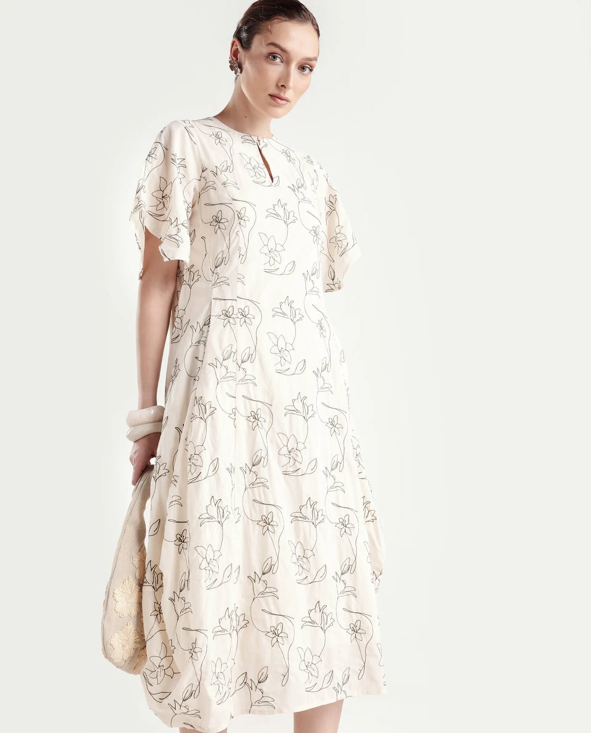 Rareism Women's Ater Beige Cotton Half Sleeve A-Line Plain Dress