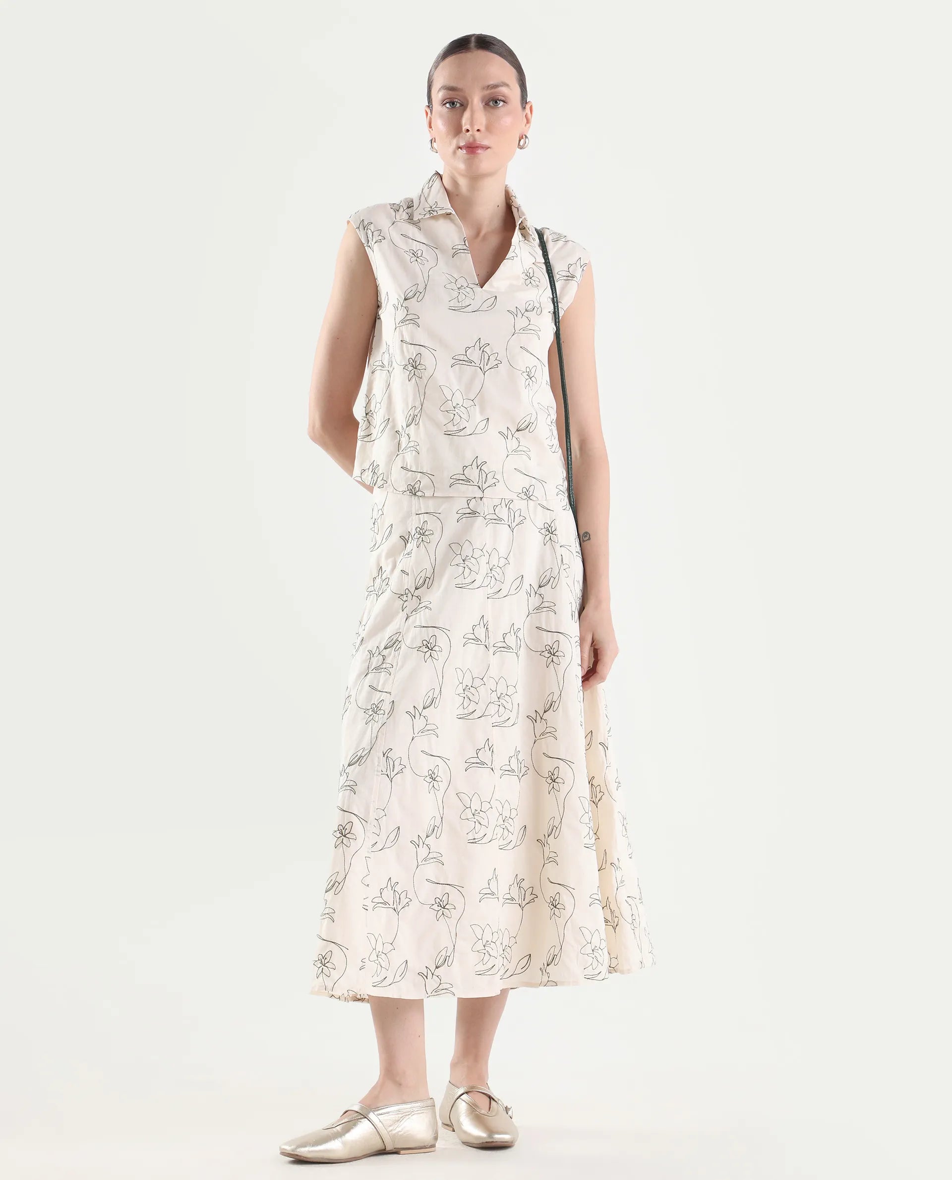 Rareism Women's Ateri-B Beige Cotton A-Line Embroidered Skirt