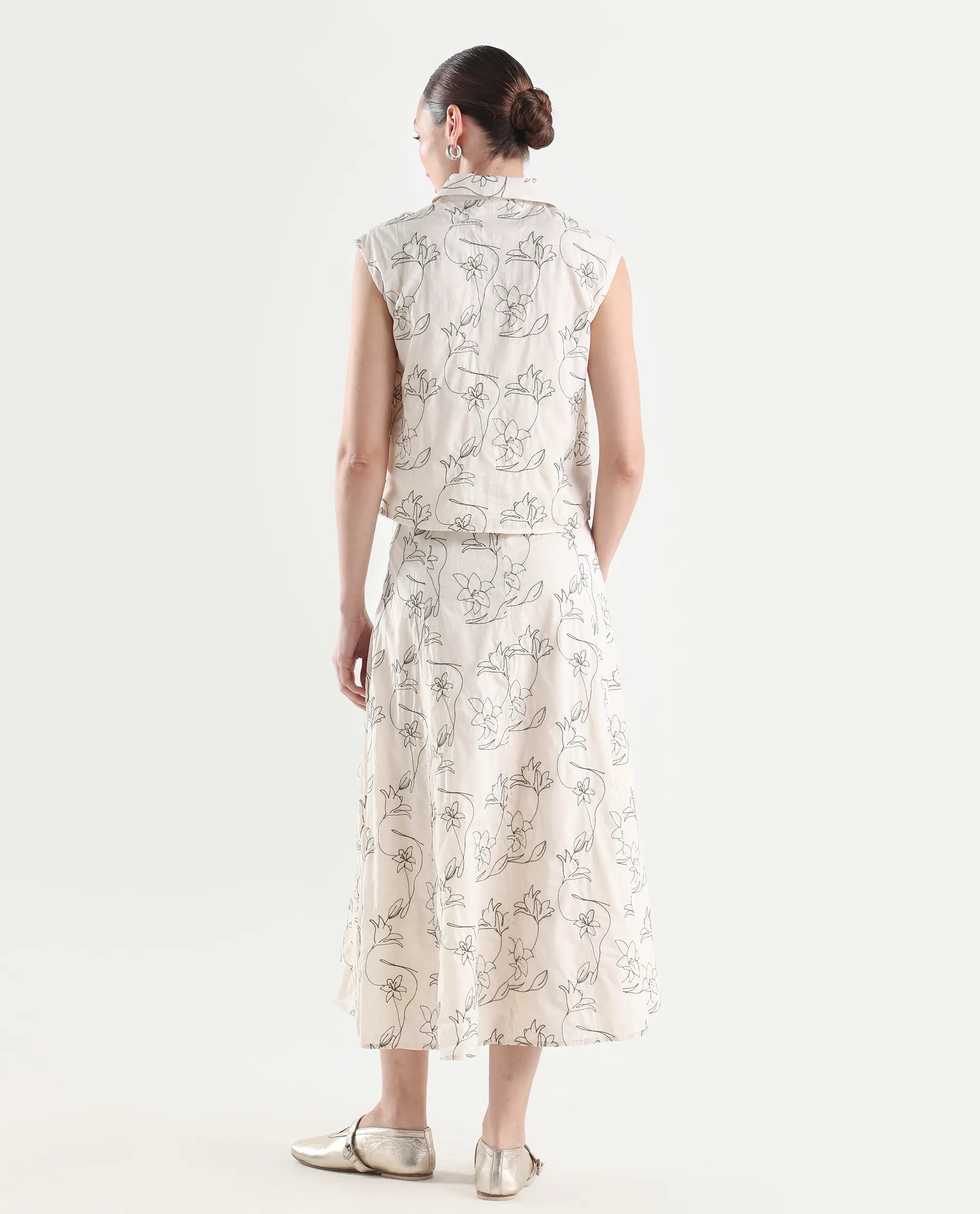 Rareism Women's Ateri-B Beige Cotton A-Line Embroidered Skirt