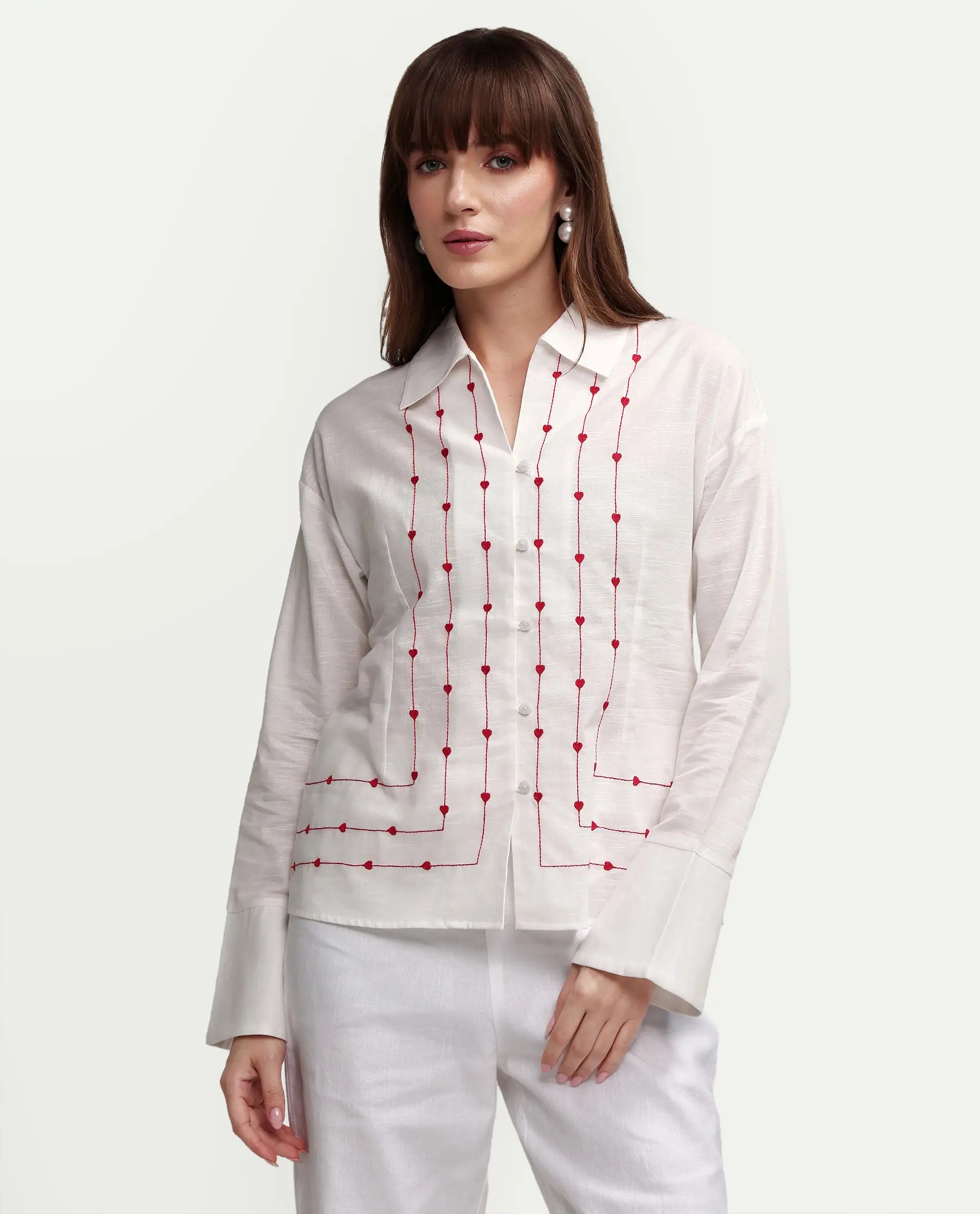 Rareism Women's Atone Off White Cotton Full Sleeve Regular Fit Plain Top