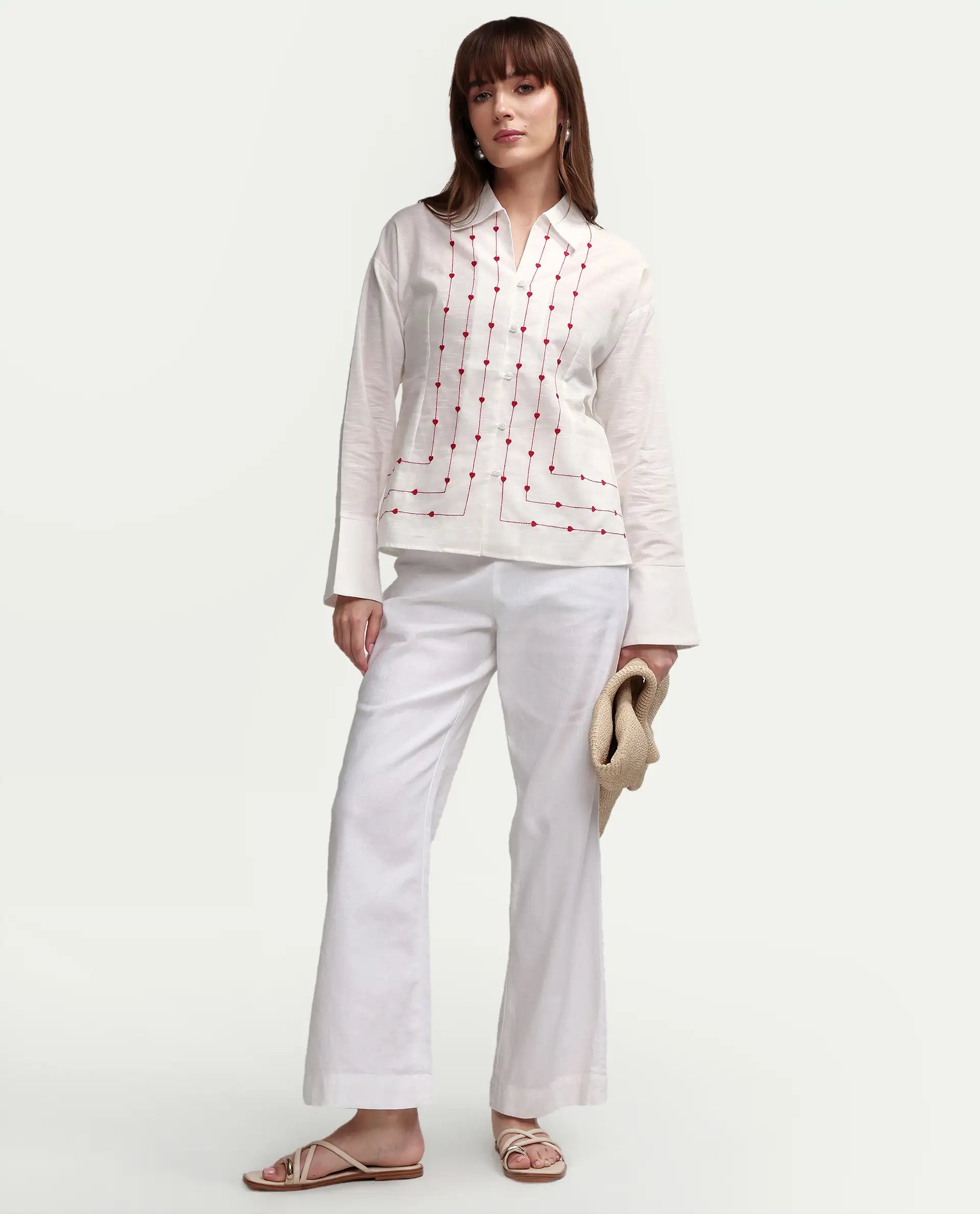 Rareism Women's Atone Off White Cotton Full Sleeve Regular Fit Plain Top